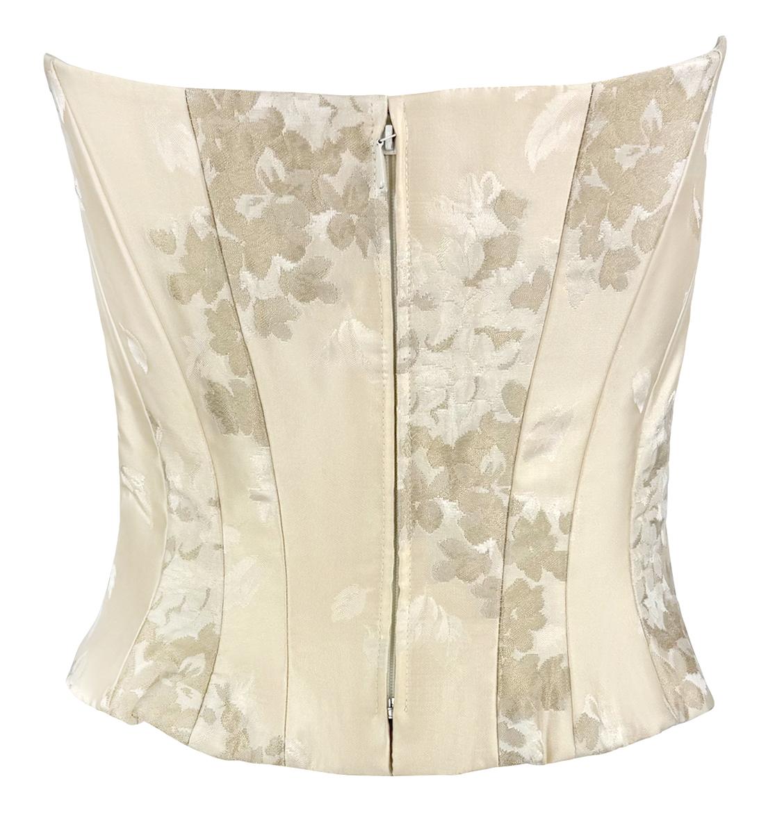 2000s Christian Lacroix Bridal Off - White Floral Satin Strapless Corset Top - RealList