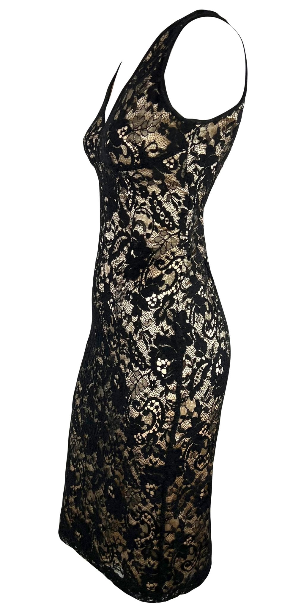 2000s Dolce & Gabbana Beige Satin Black Lace Overlay Bodycon Sleeveless Dress - RealList