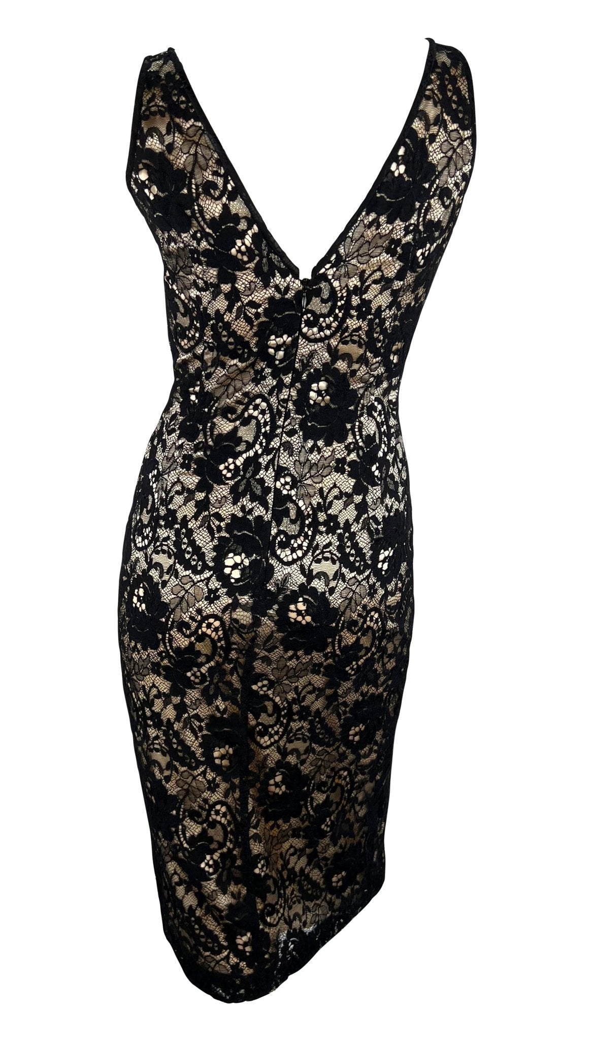 2000s Dolce & Gabbana Beige Satin Black Lace Overlay Bodycon Sleeveless Dress - RealList