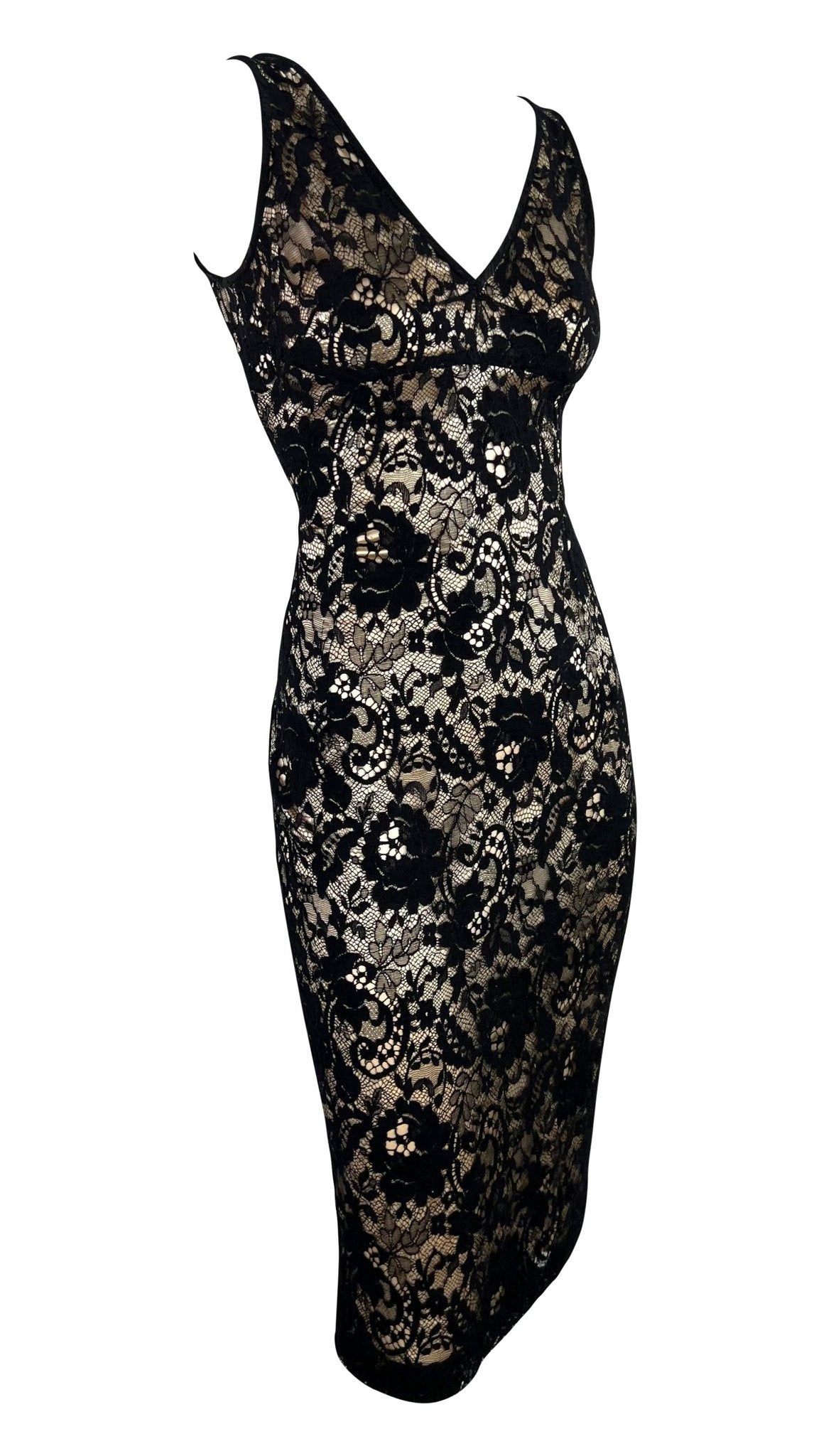 2000s Dolce & Gabbana Beige Satin Black Lace Overlay Bodycon Sleeveless Dress - RealList