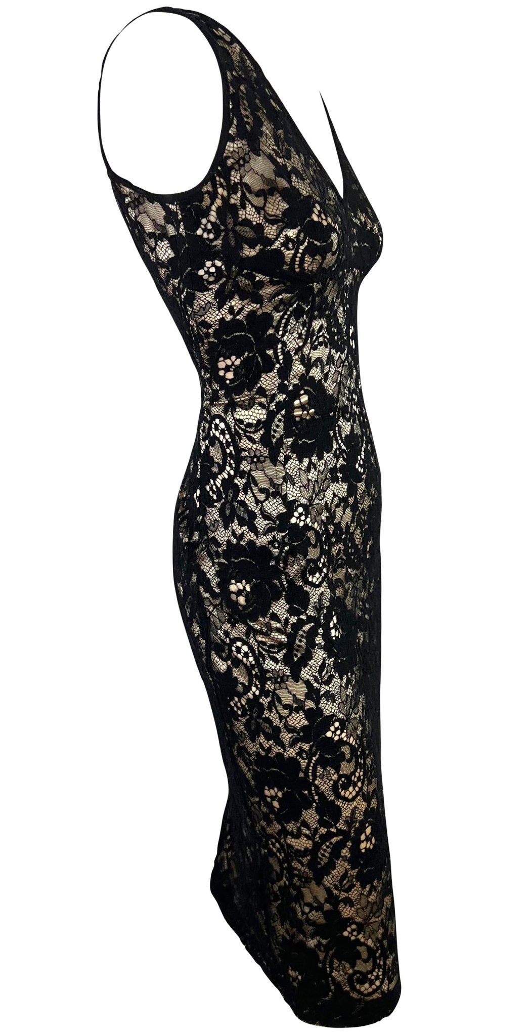 2000s Dolce & Gabbana Beige Satin Black Lace Overlay Bodycon Sleeveless Dress - RealList