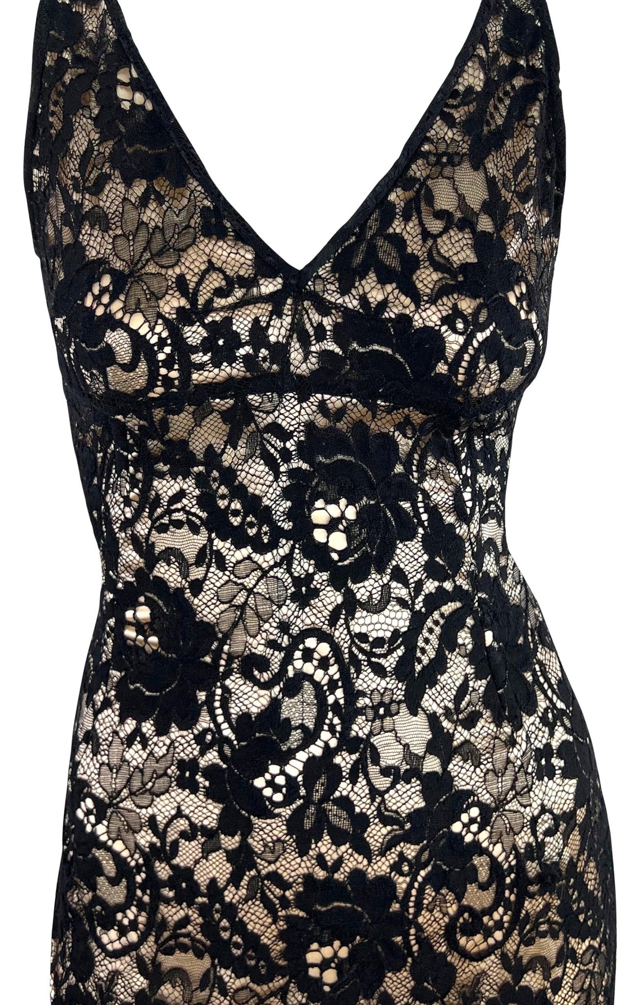 2000s Dolce & Gabbana Beige Satin Black Lace Overlay Bodycon Sleeveless Dress - RealList