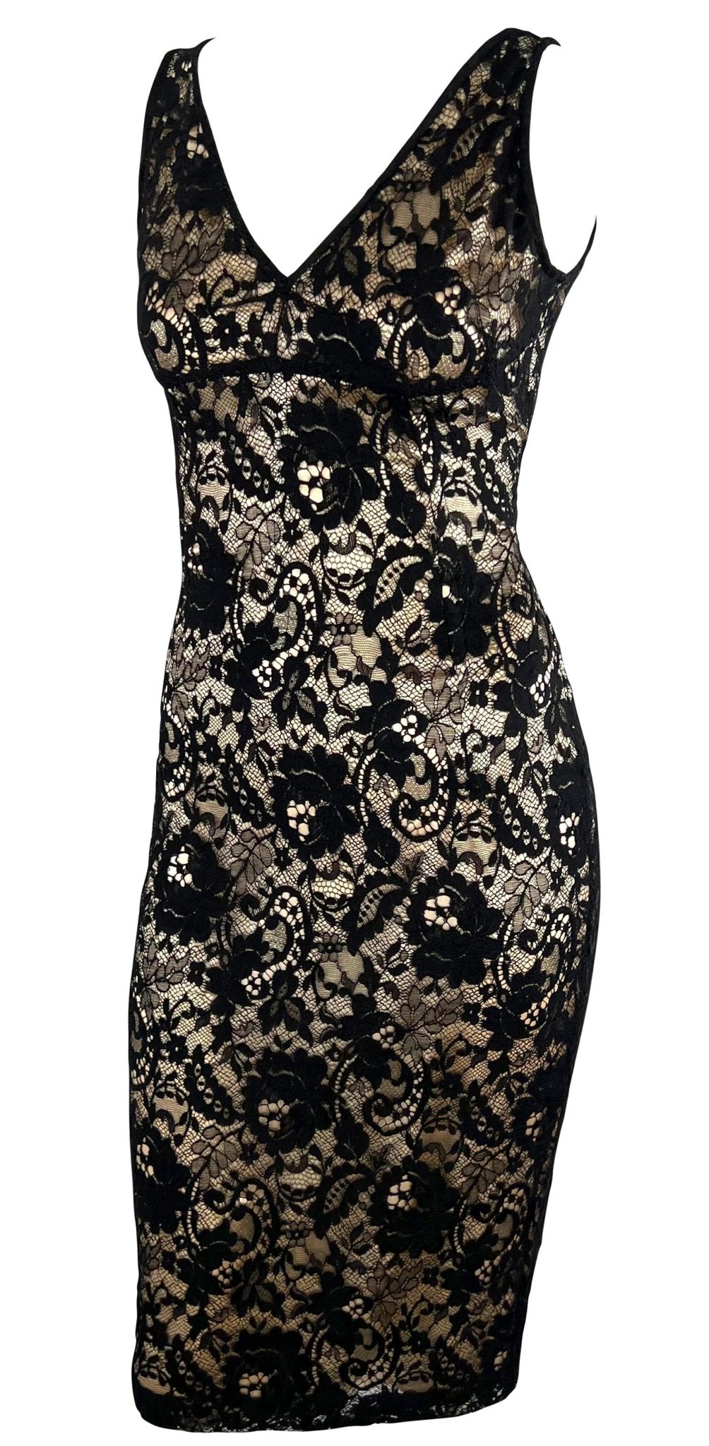 2000s Dolce & Gabbana Beige Satin Black Lace Overlay Bodycon Sleeveless Dress - RealList