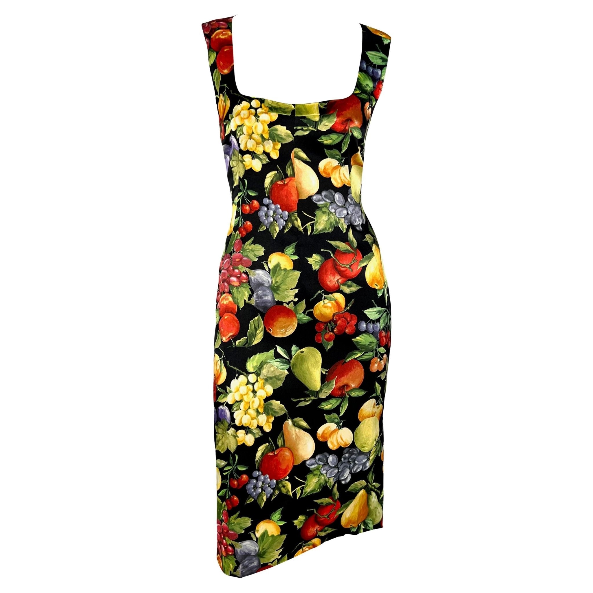 2000s Dolce & Gabbana Black Bodycon Sleeveless Fruit Print Pin - up Dress - RealList