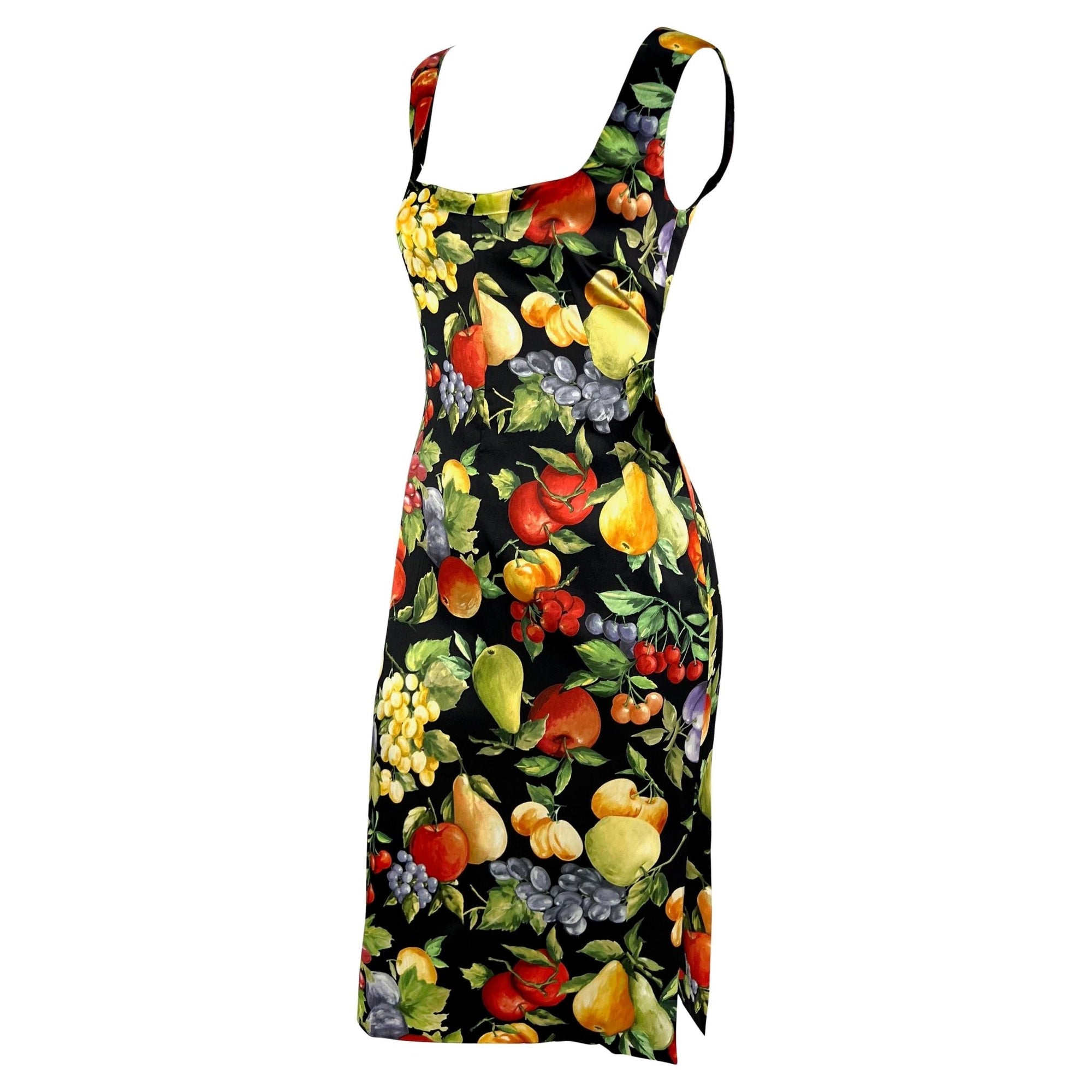 2000s Dolce & Gabbana Black Bodycon Sleeveless Fruit Print Pin - up Dress - RealList