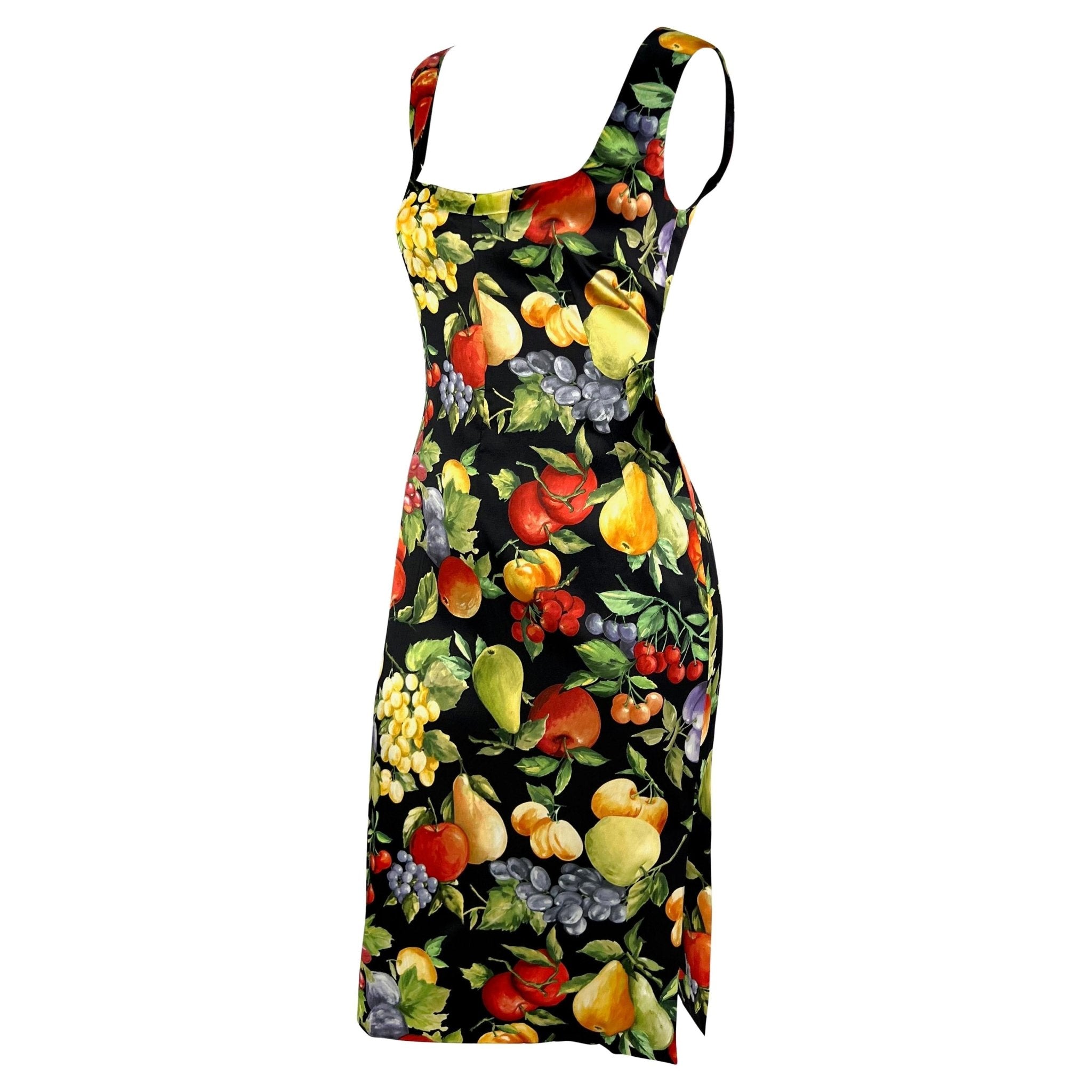 2000s Dolce & Gabbana Black Bodycon Sleeveless Fruit Print Pin - up Dress - RealList
