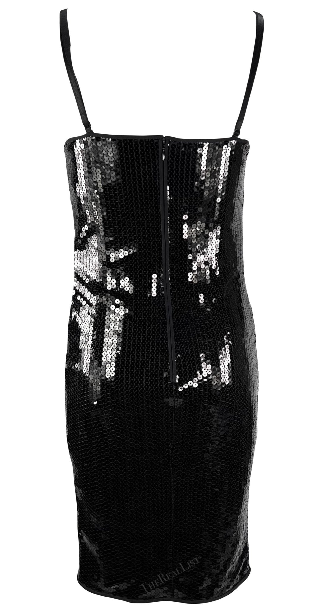 2000s Dolce & Gabbana Black Sequin Bra Strap Pin - Up Satin Trim Bodycon Dress - RealList