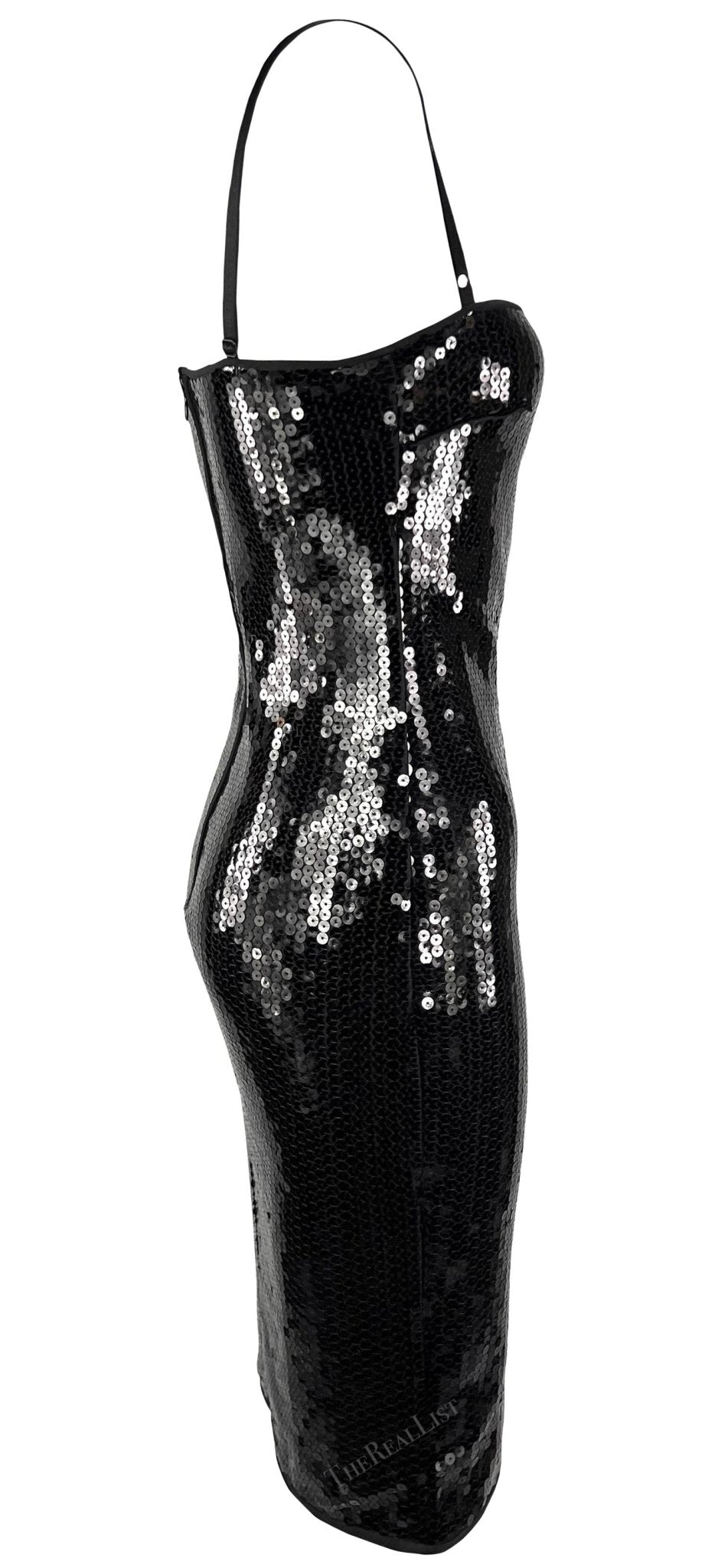 2000s Dolce & Gabbana Black Sequin Bra Strap Pin - Up Satin Trim Bodycon Dress - RealList