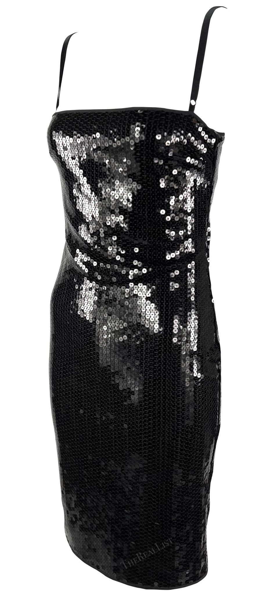 2000s Dolce & Gabbana Black Sequin Bra Strap Pin - Up Satin Trim Bodycon Dress - RealList