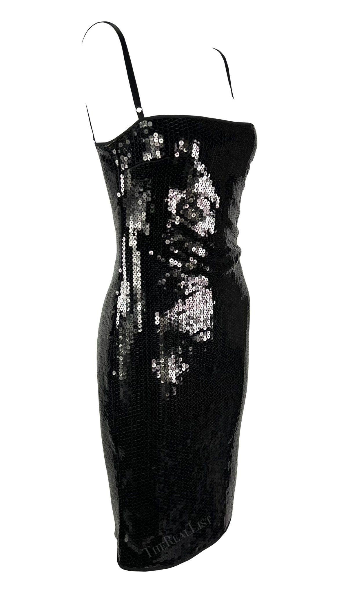 2000s Dolce & Gabbana Black Sequin Bra Strap Pin - Up Satin Trim Bodycon Dress - RealList