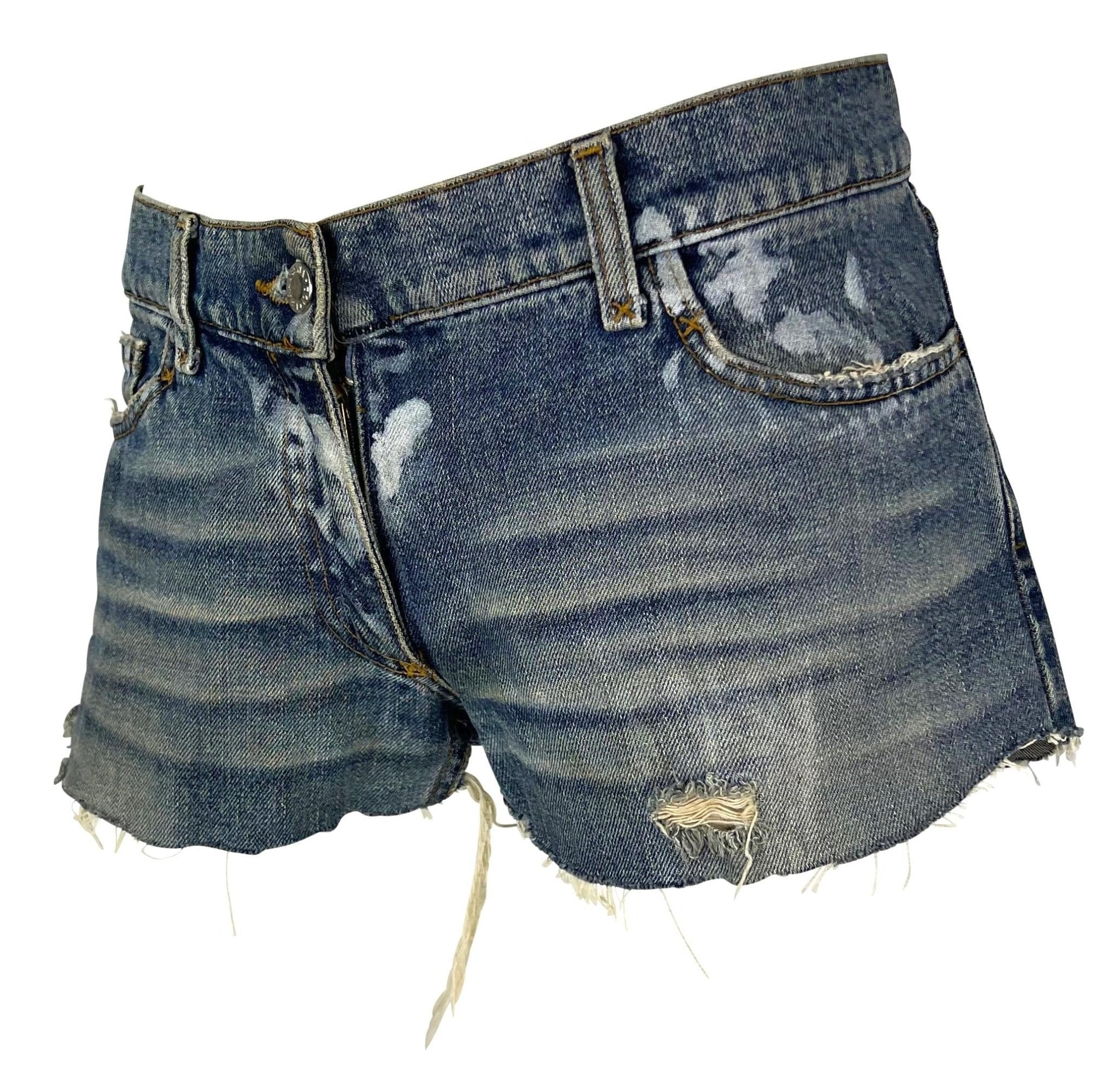 2000s Dolce & Gabbana Distressed Painted Denim Horseshoe Cutoff Short Shorts - RealList