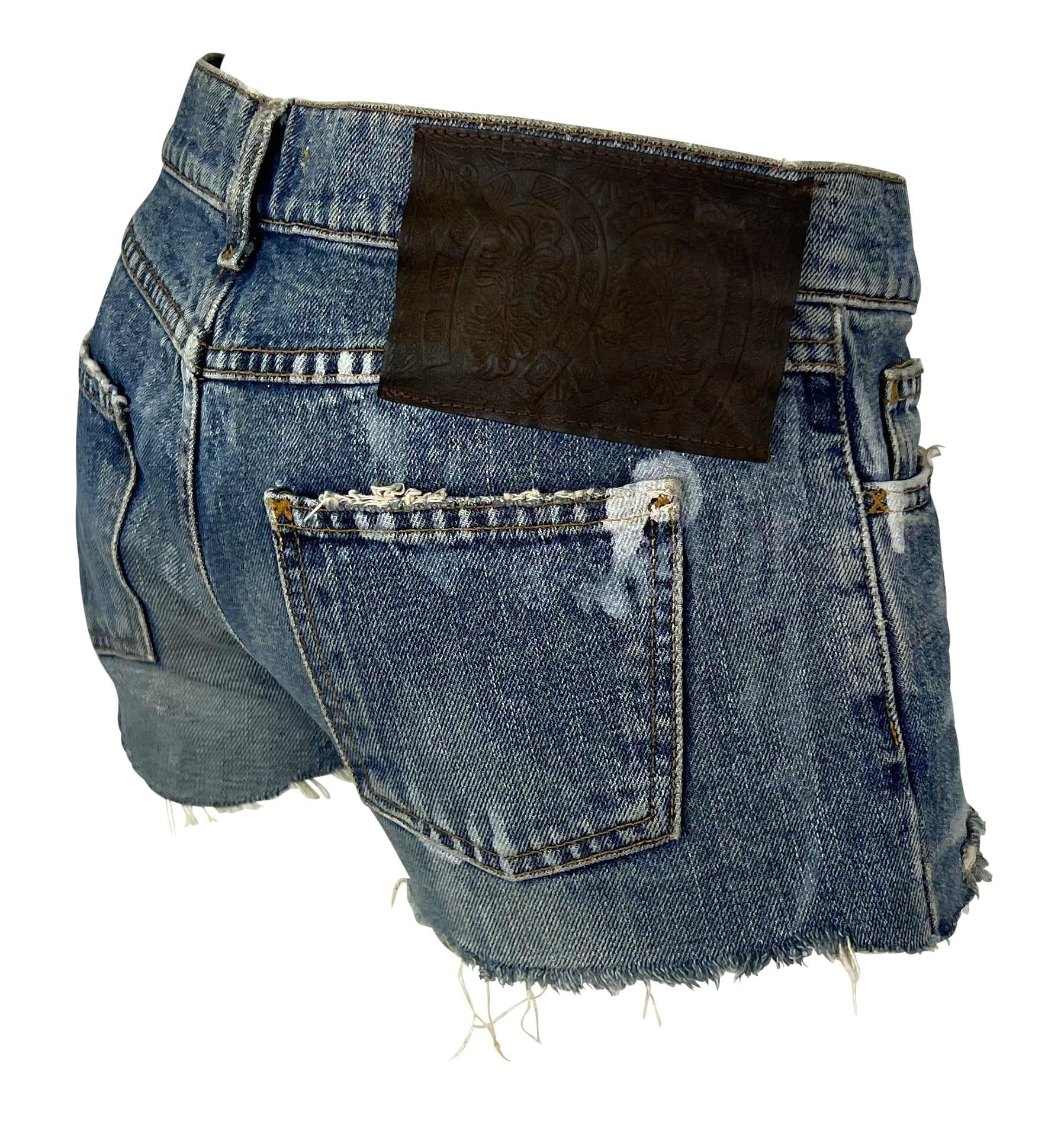 2000s Dolce & Gabbana Distressed Painted Denim Horseshoe Cutoff Short Shorts - RealList