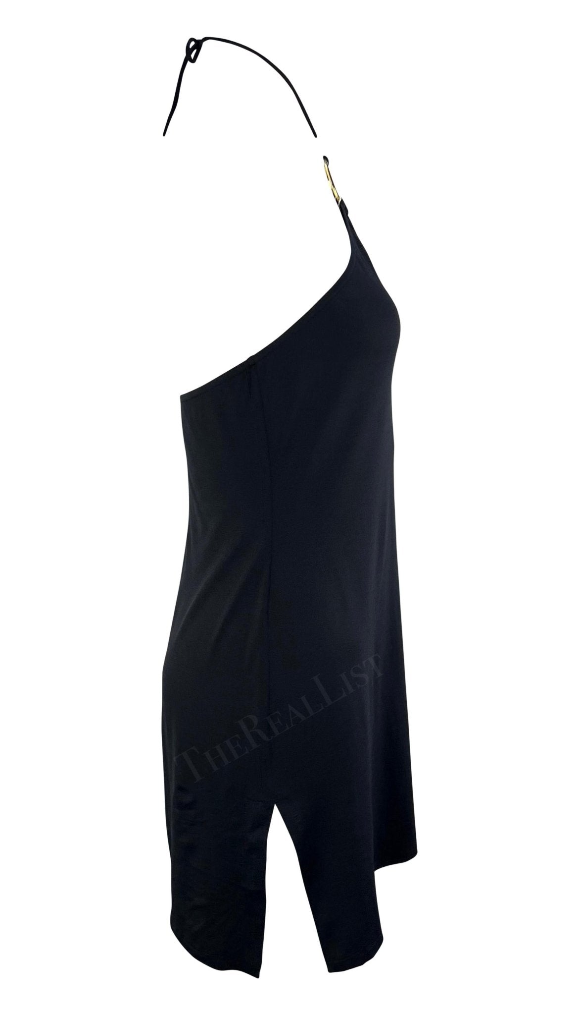 2000s Dolce & Gabbana Gold Logo Ring Halter Neck Bodycon Flare Beach Swim Dress - RealList