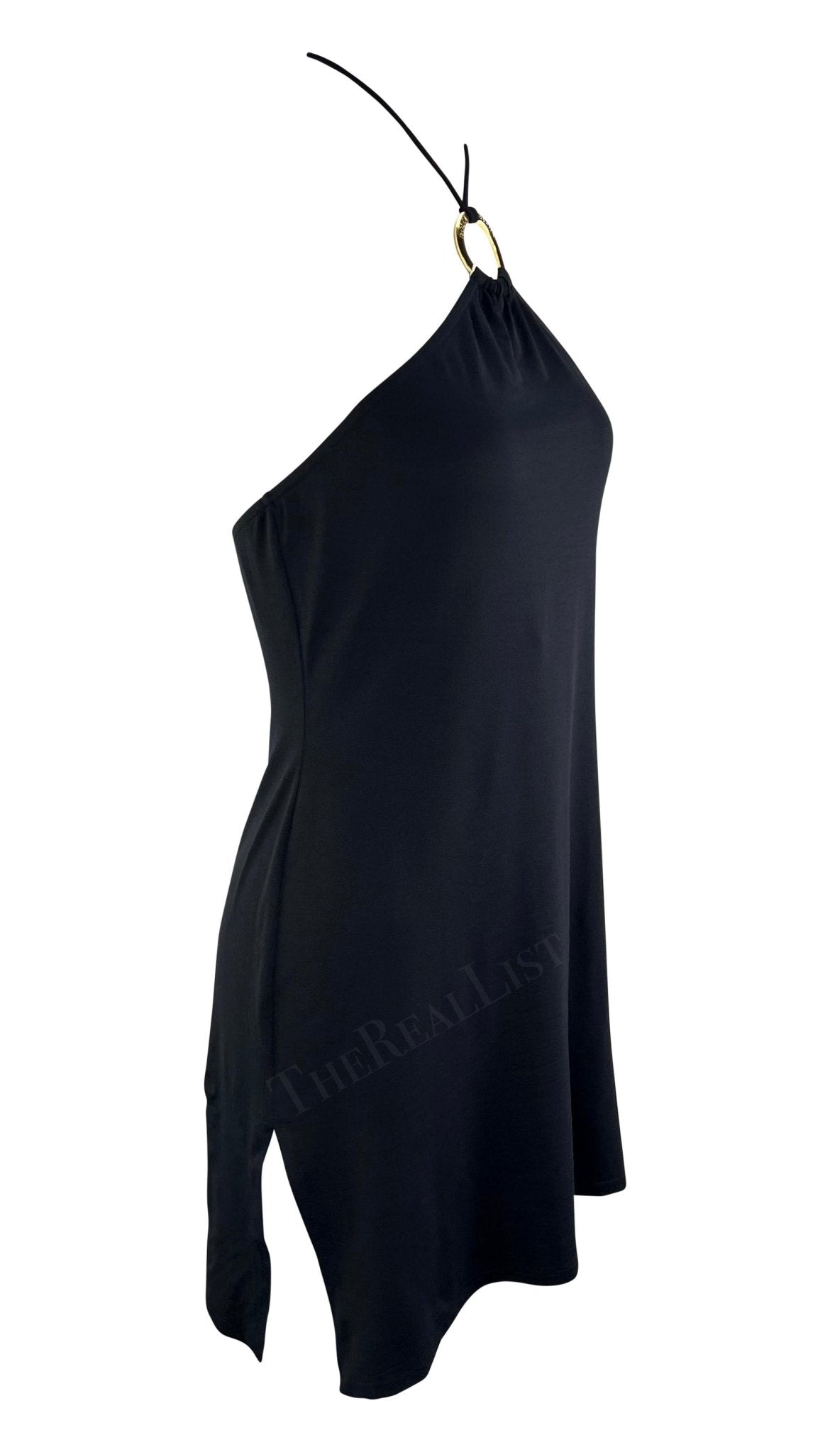 2000s Dolce & Gabbana Gold Logo Ring Halter Neck Bodycon Flare Beach Swim Dress - RealList