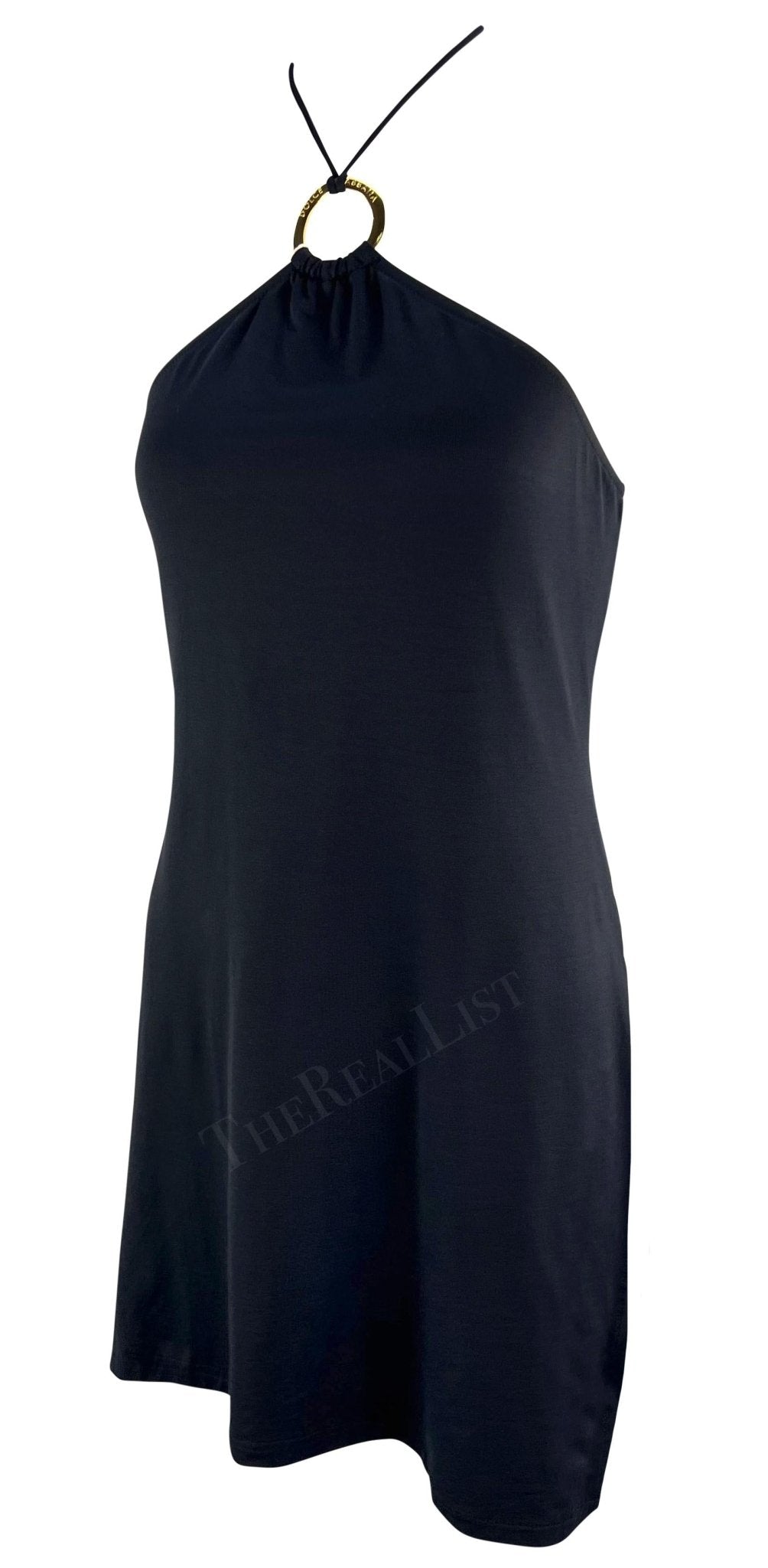 2000s Dolce & Gabbana Gold Logo Ring Halter Neck Bodycon Flare Beach Swim Dress - RealList