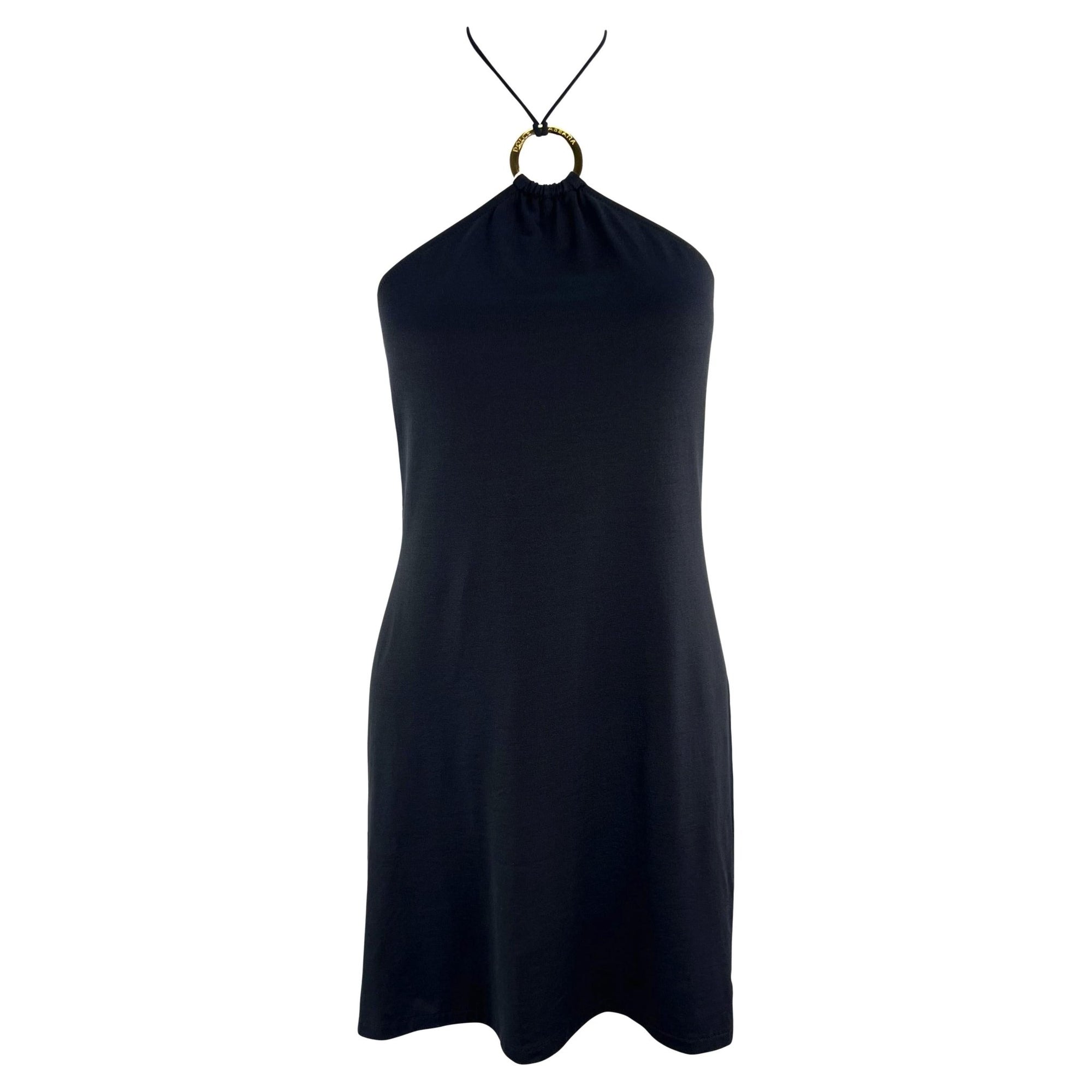 2000s Dolce & Gabbana Gold Logo Ring Halter Neck Bodycon Flare Beach Swim Dress - RealList