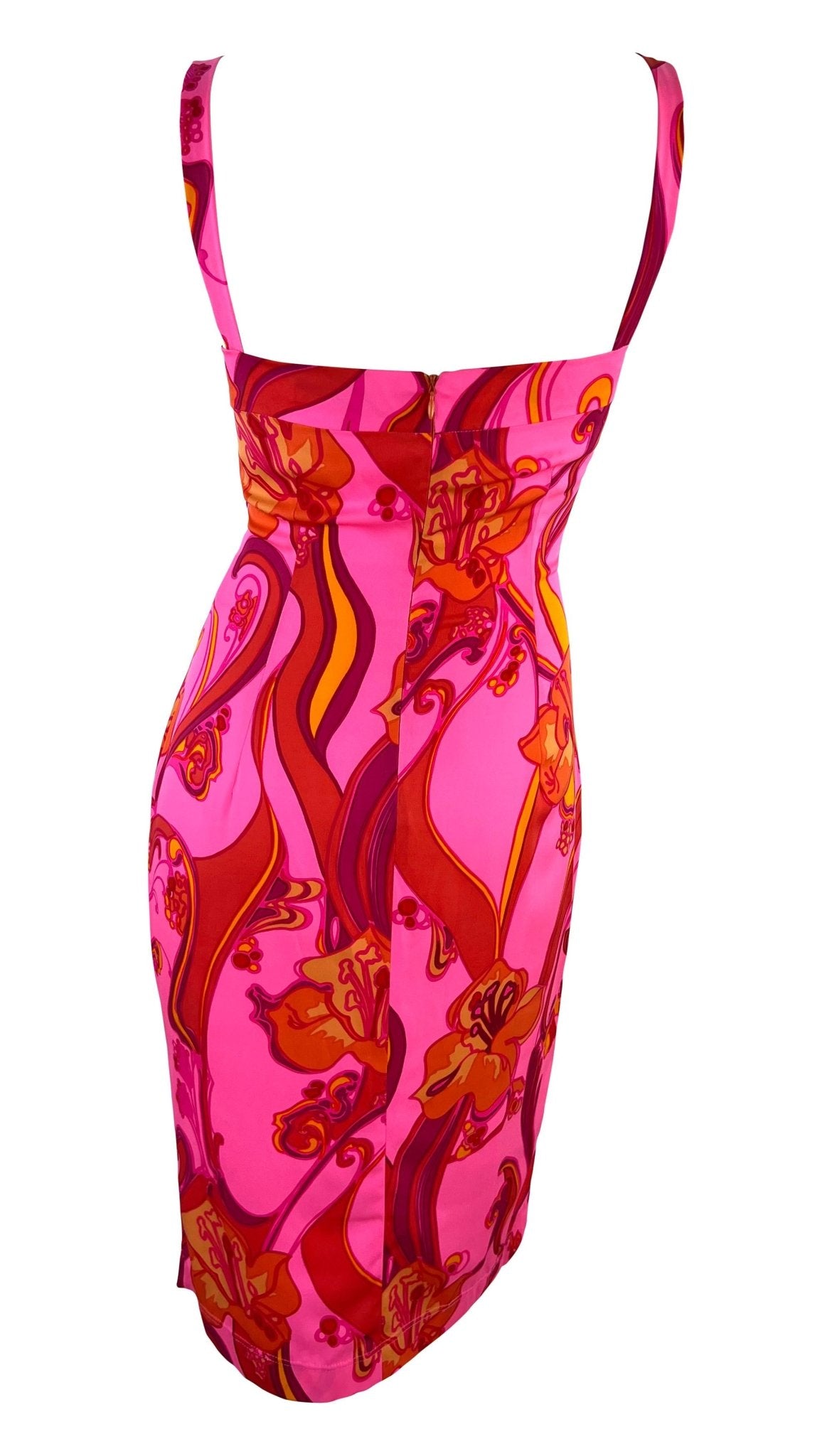 2000s Dolce & Gabbana Hot Pink Psychedelic Stretch Silk Floral Bodycon Dress - RealList
