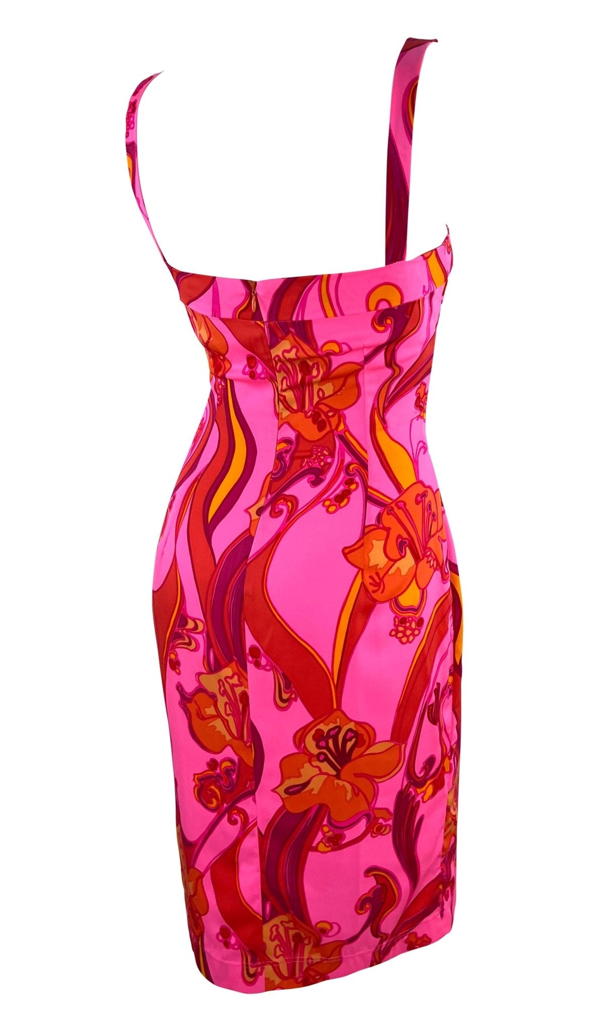 2000s Dolce & Gabbana Hot Pink Psychedelic Stretch Silk Floral Bodycon Dress - RealList