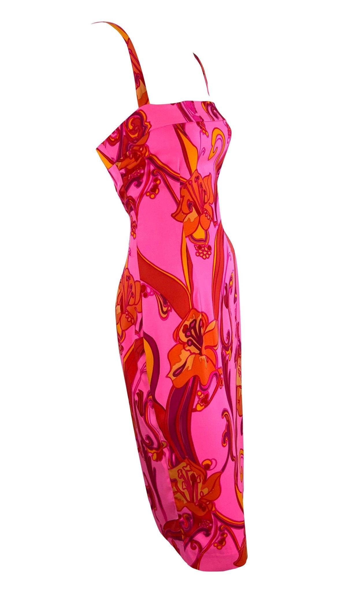 2000s Dolce & Gabbana Hot Pink Psychedelic Stretch Silk Floral Bodycon Dress - RealList