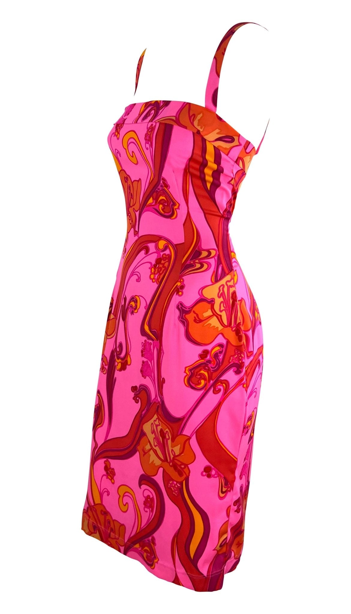 2000s Dolce & Gabbana Hot Pink Psychedelic Stretch Silk Floral Bodycon Dress - RealList