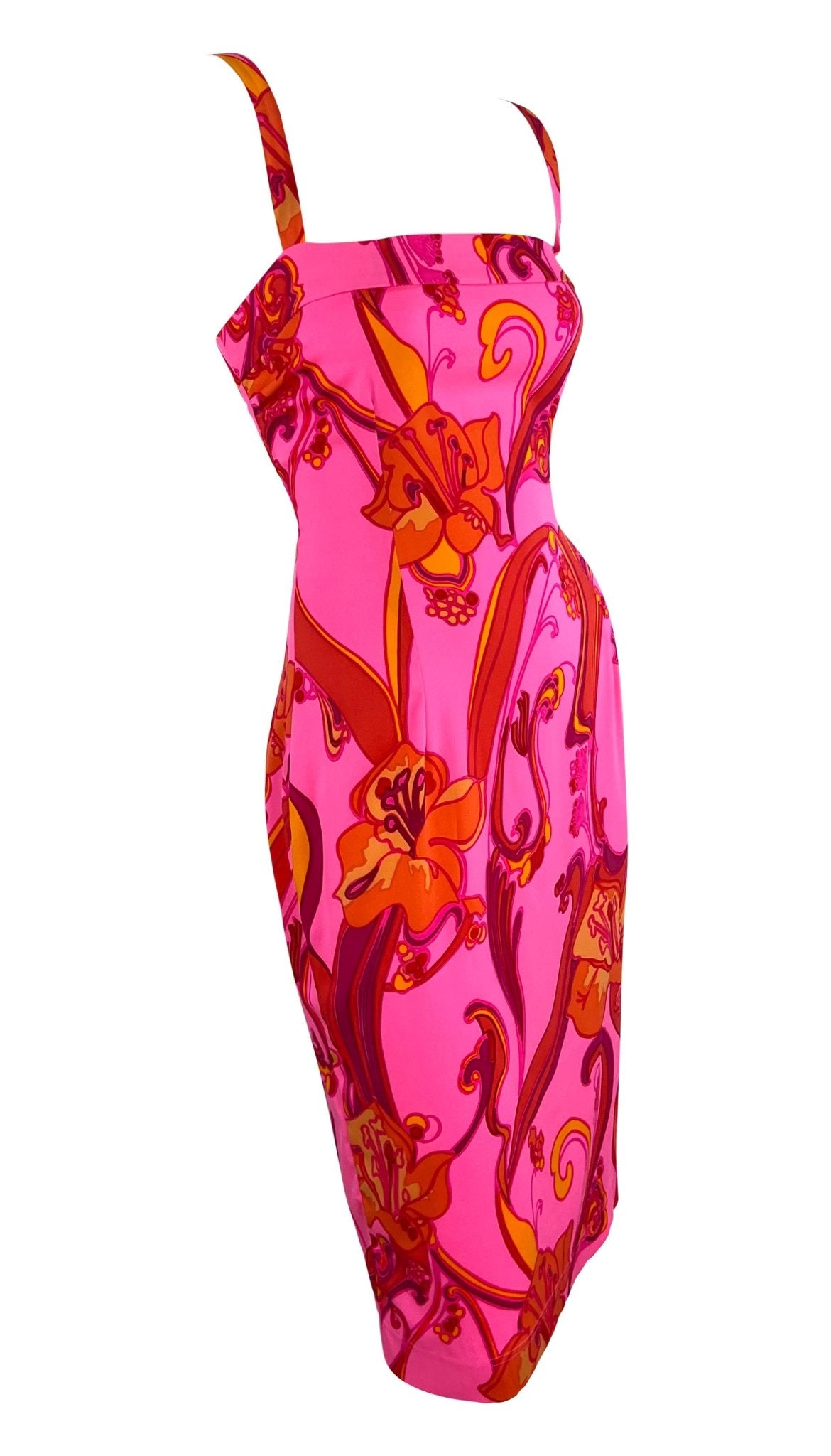 2000s Dolce & Gabbana Hot Pink Psychedelic Stretch Silk Floral Bodycon Dress - RealList