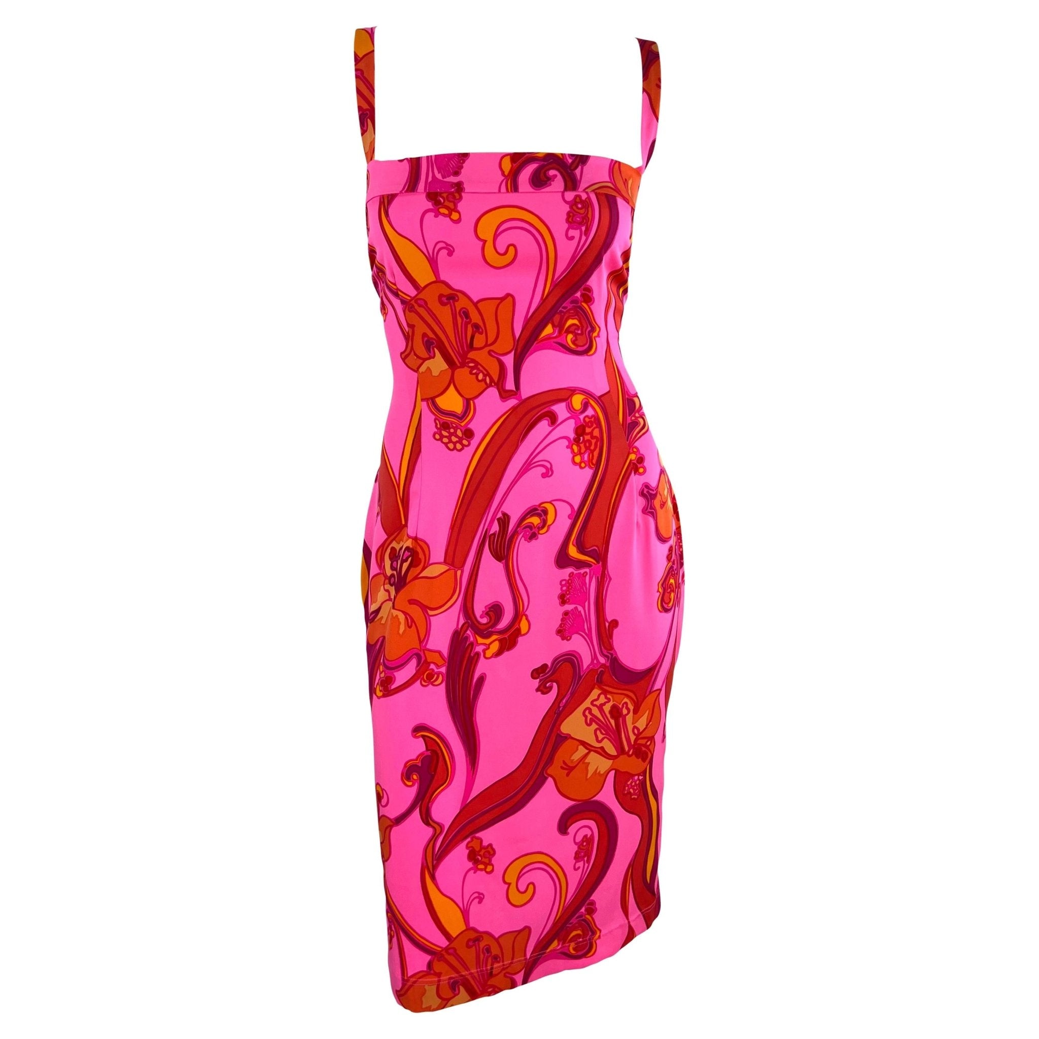 2000s Dolce & Gabbana Hot Pink Psychedelic Stretch Silk Floral Bodycon Dress - RealList
