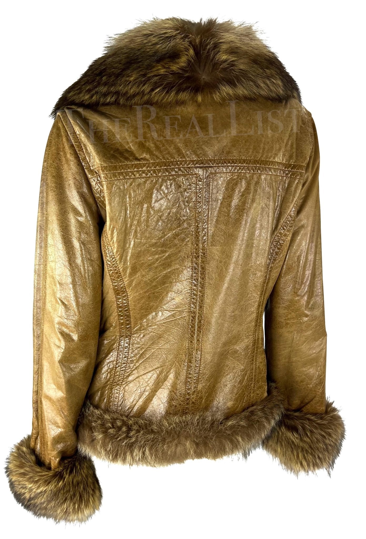 2000s Dolce & Gabbana Logo Buckle Brown Distressed Patent Leather Fur Coat - RealList