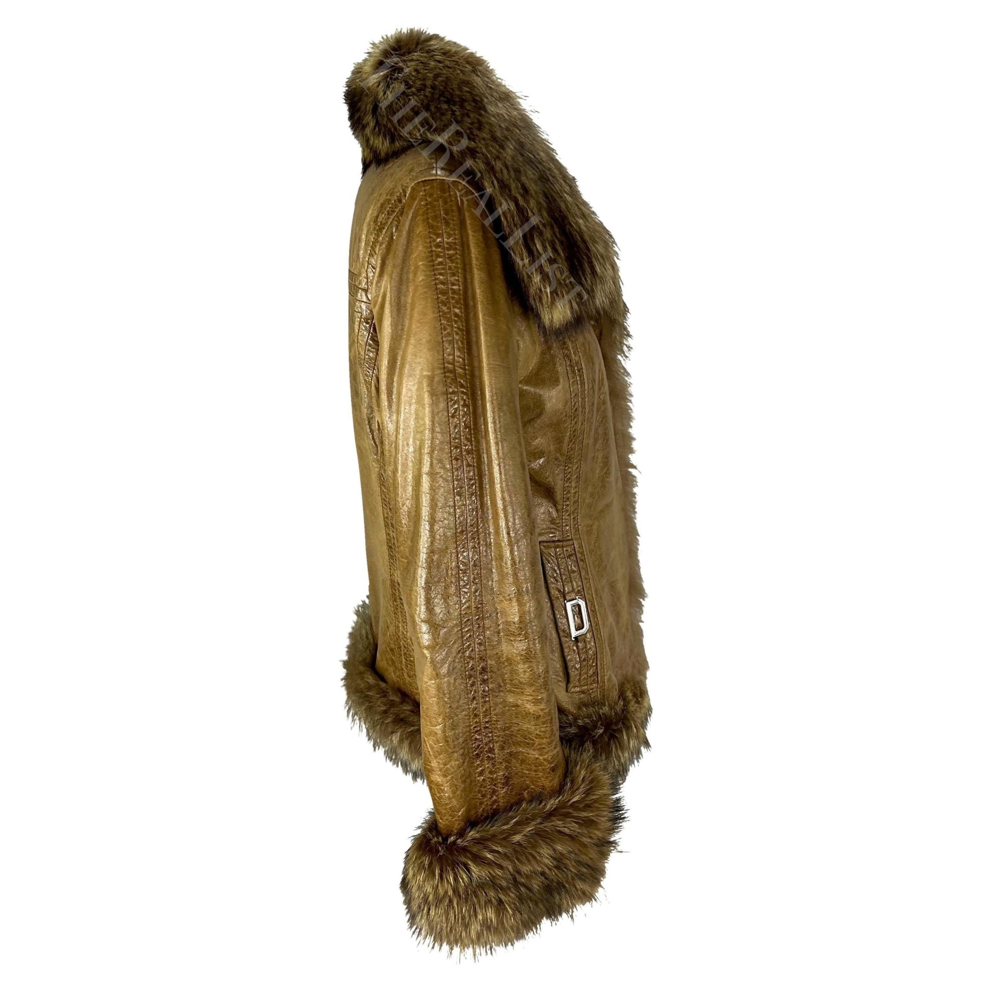 2000s Dolce & Gabbana Logo Buckle Brown Distressed Patent Leather Fur Coat - RealList