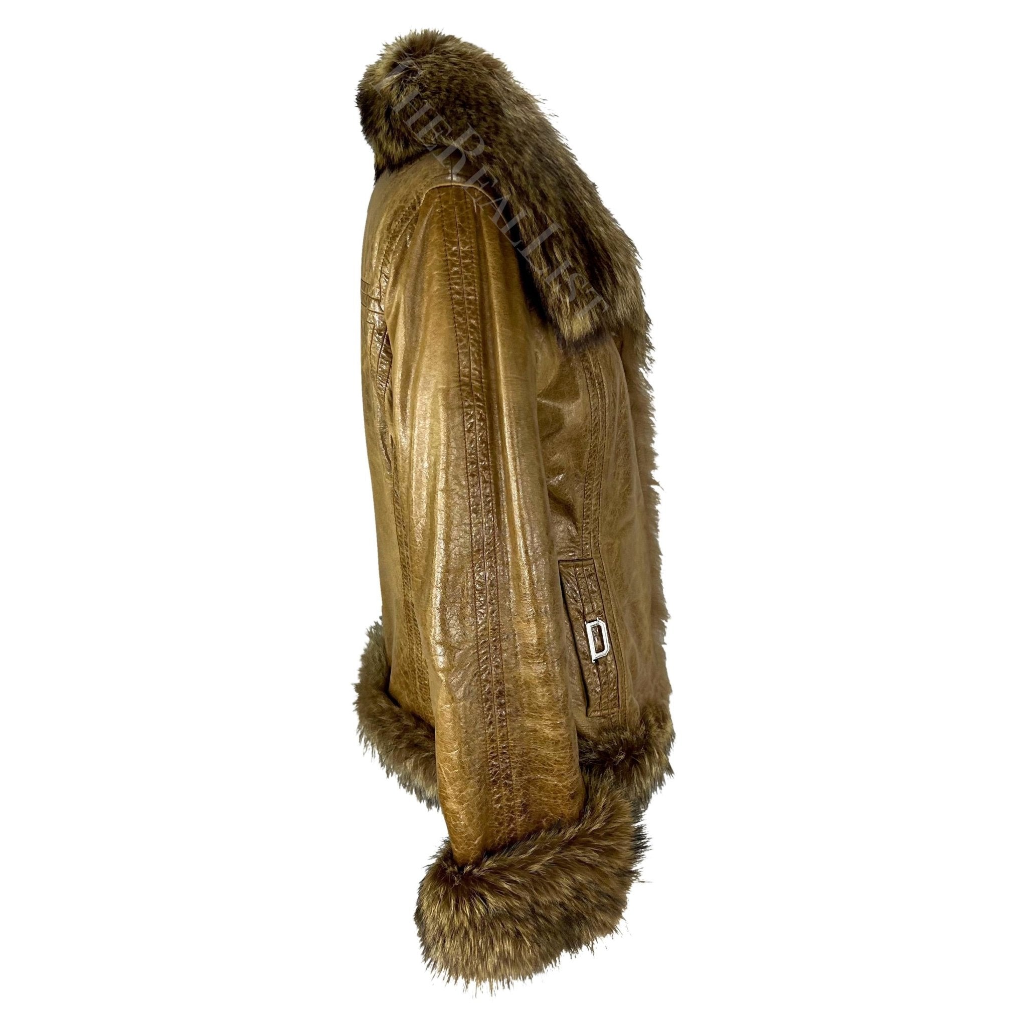 2000s Dolce & Gabbana Logo Buckle Brown Distressed Patent Leather Fur Coat - RealList