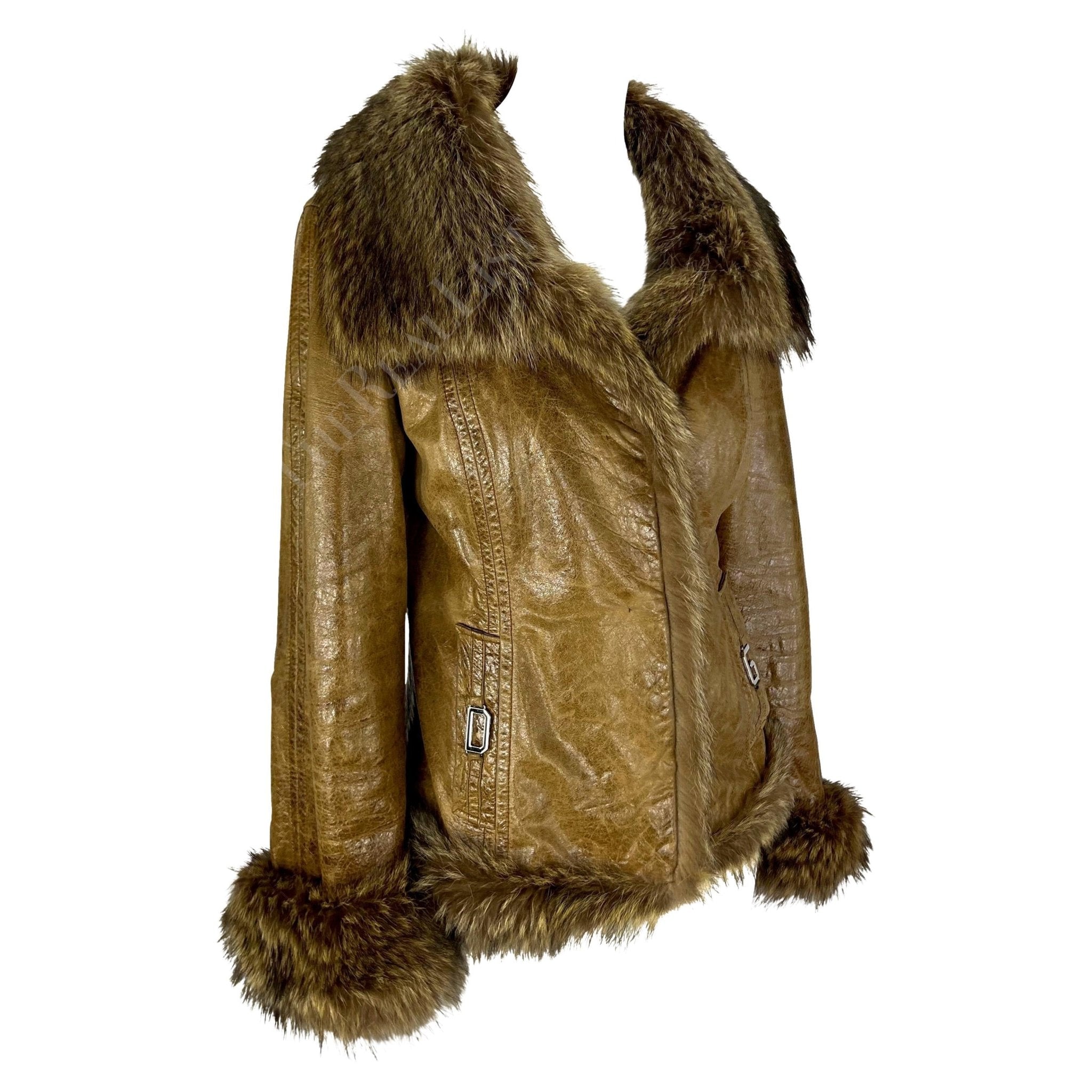 2000s Dolce & Gabbana Logo Buckle Brown Distressed Patent Leather Fur Coat - RealList