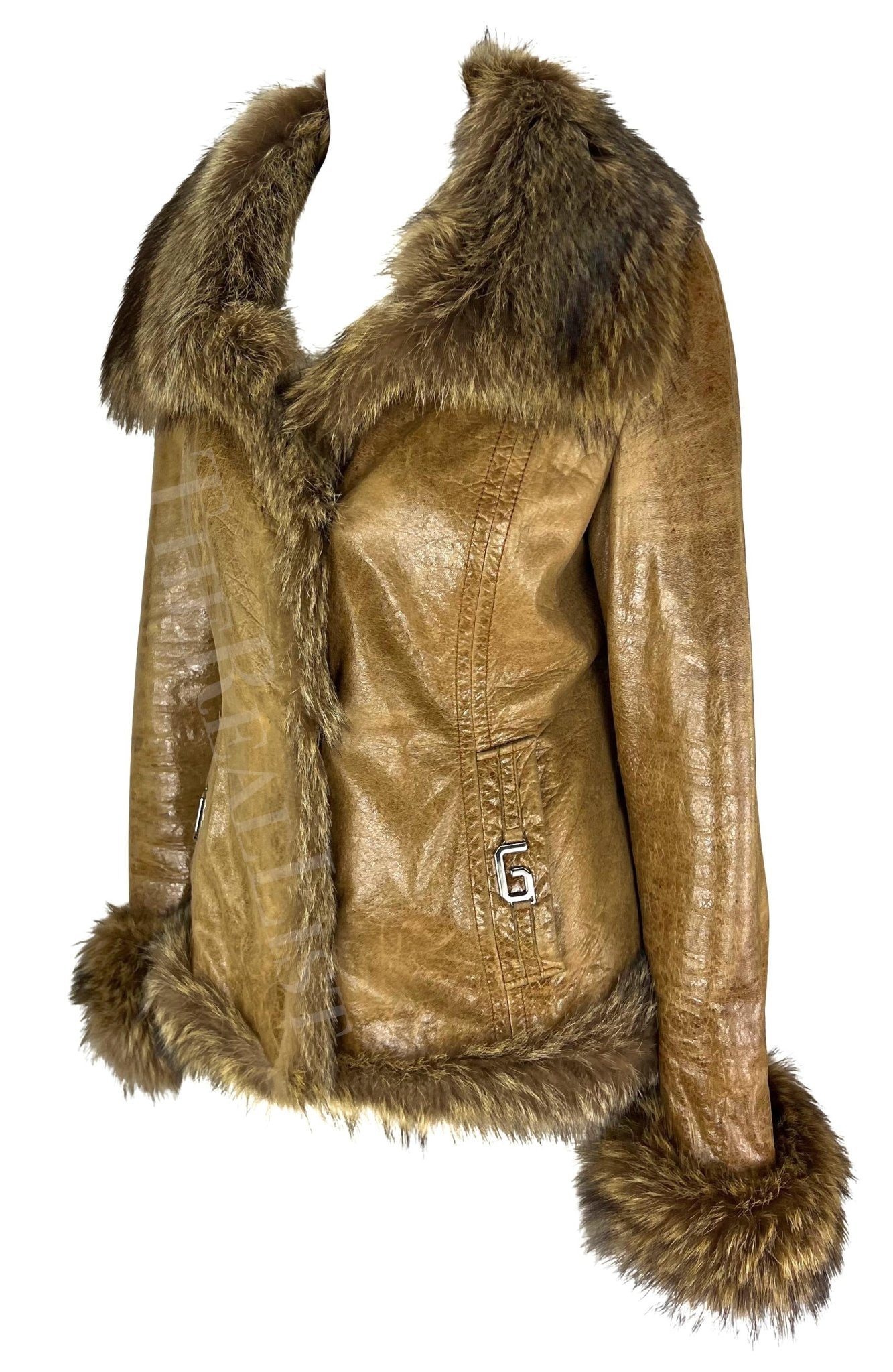 2000s Dolce & Gabbana Logo Buckle Brown Distressed Patent Leather Fur Coat - RealList