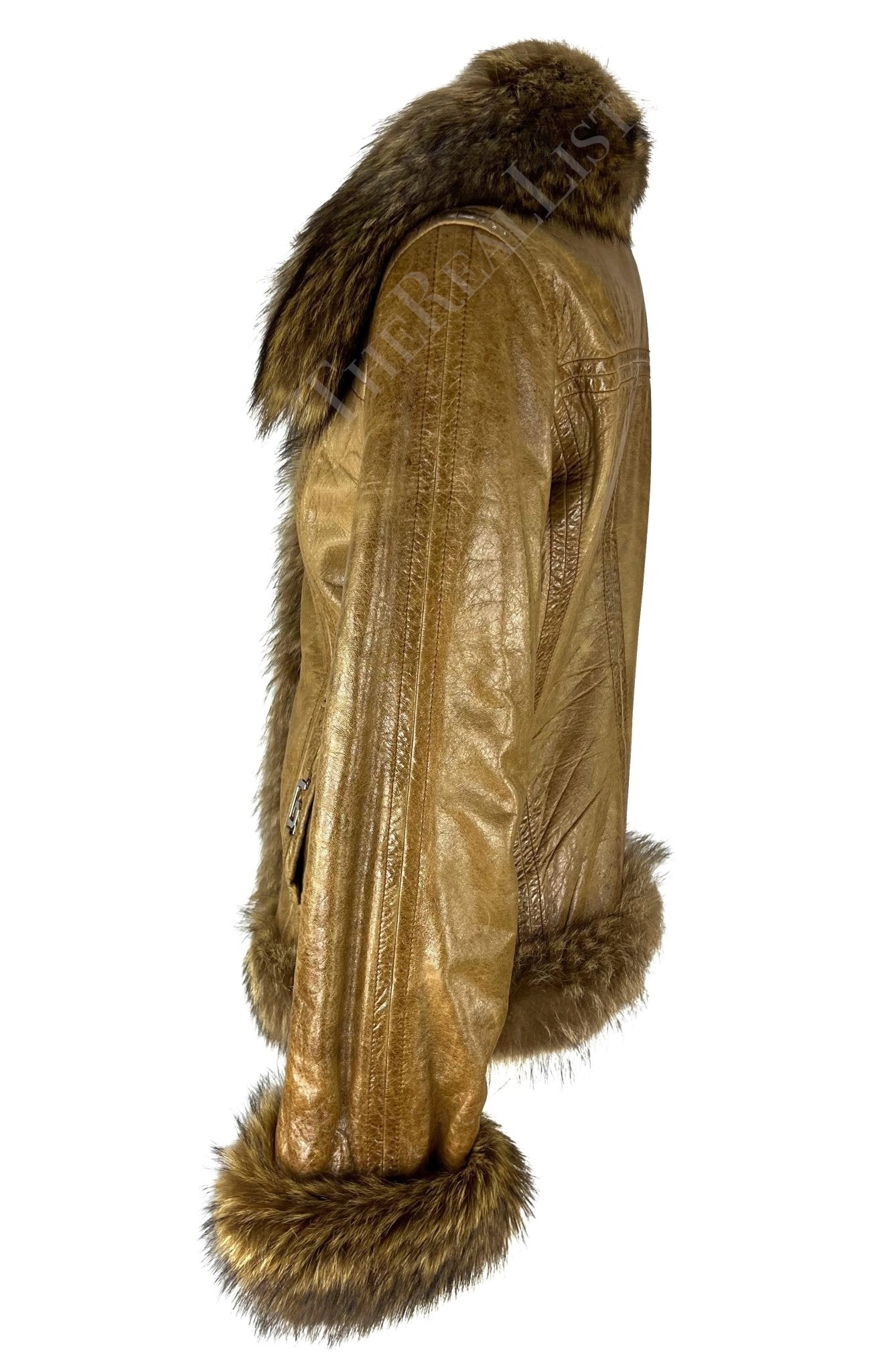 2000s Dolce & Gabbana Logo Buckle Brown Distressed Patent Leather Fur Coat - RealList