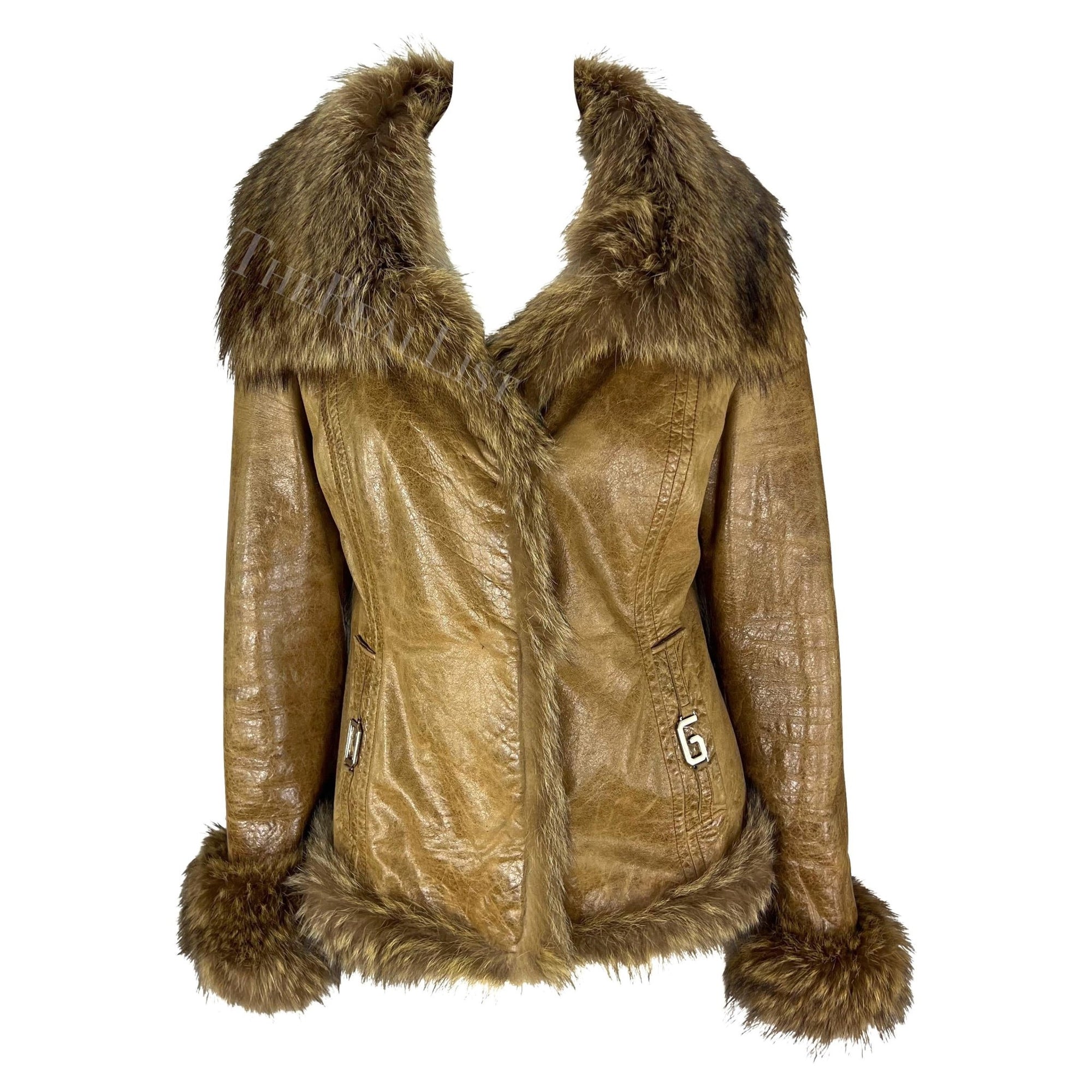 2000s Dolce & Gabbana Logo Buckle Brown Distressed Patent Leather Fur Coat - RealList