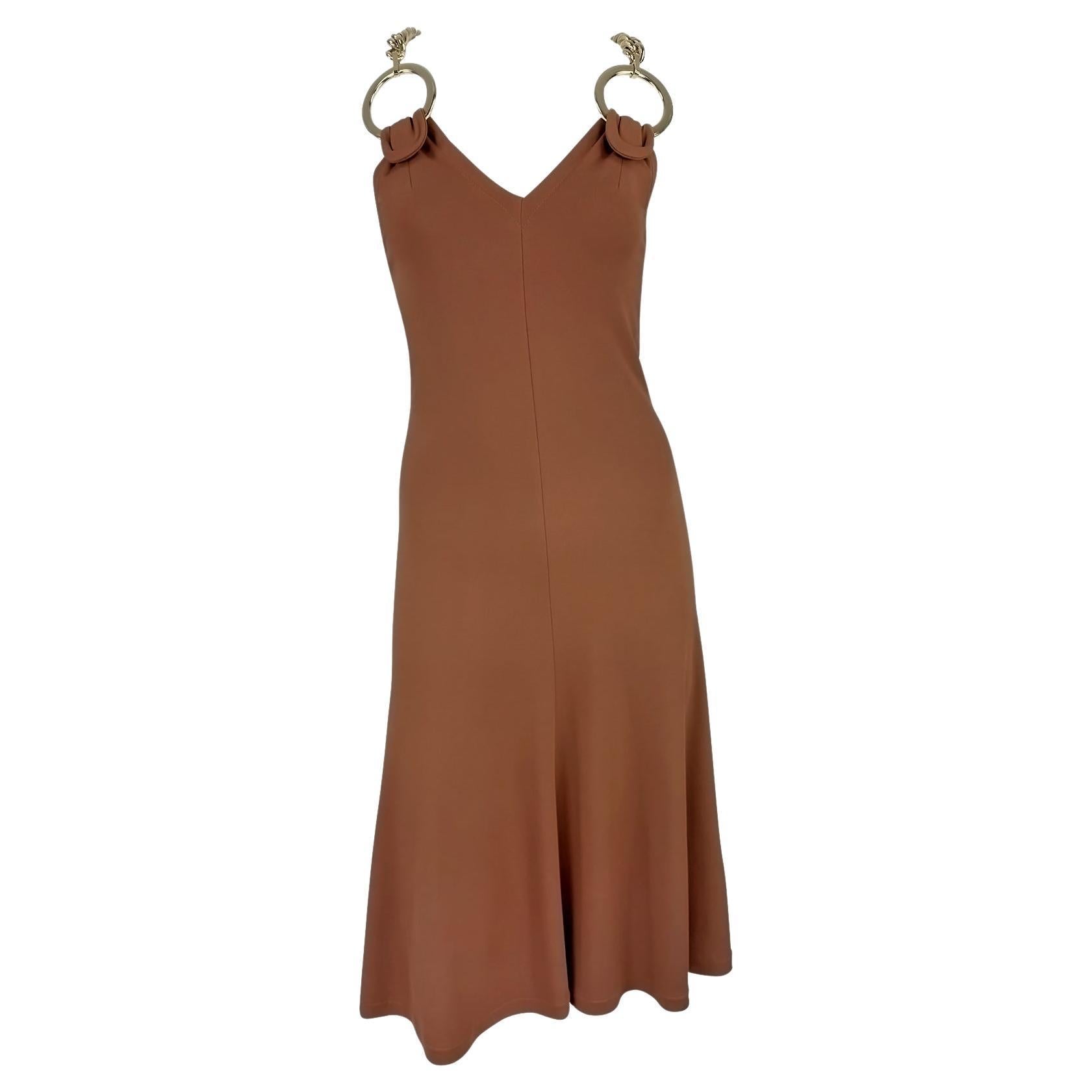 2000s Dolce & Gabbana Oversized Gold Chain Brown Stretch Dress - RealList