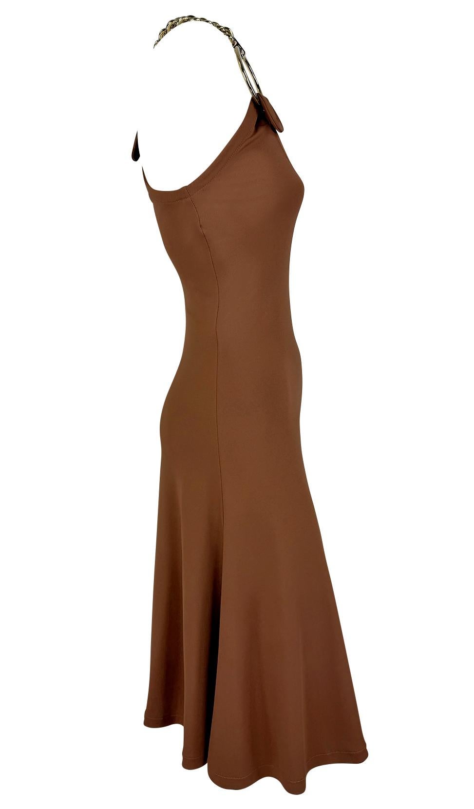 2000s Dolce & Gabbana Oversized Gold Chain Brown Stretch Dress - RealList