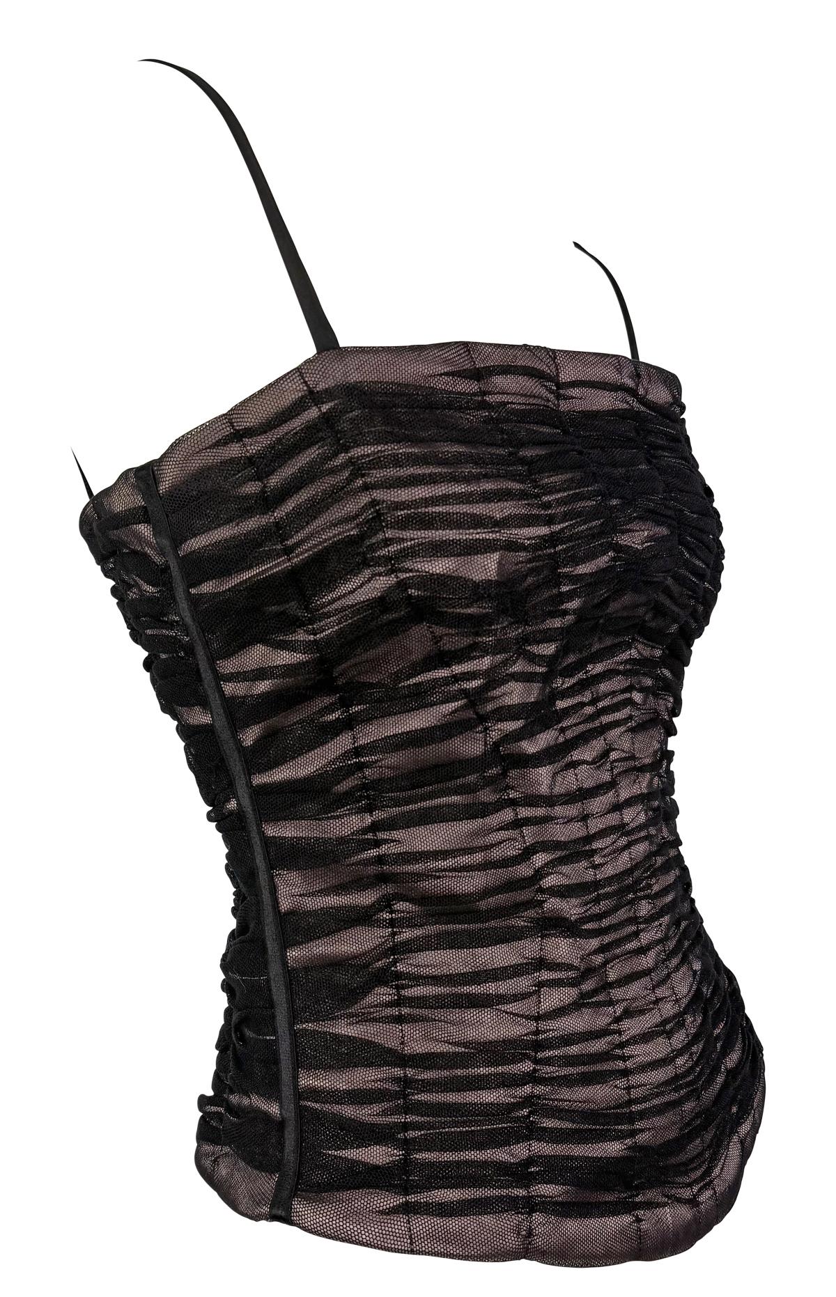 2000s Dolce & Gabbana Pale Pink Satin Ruched Black Mesh Corset Boned Bustier Top - RealList