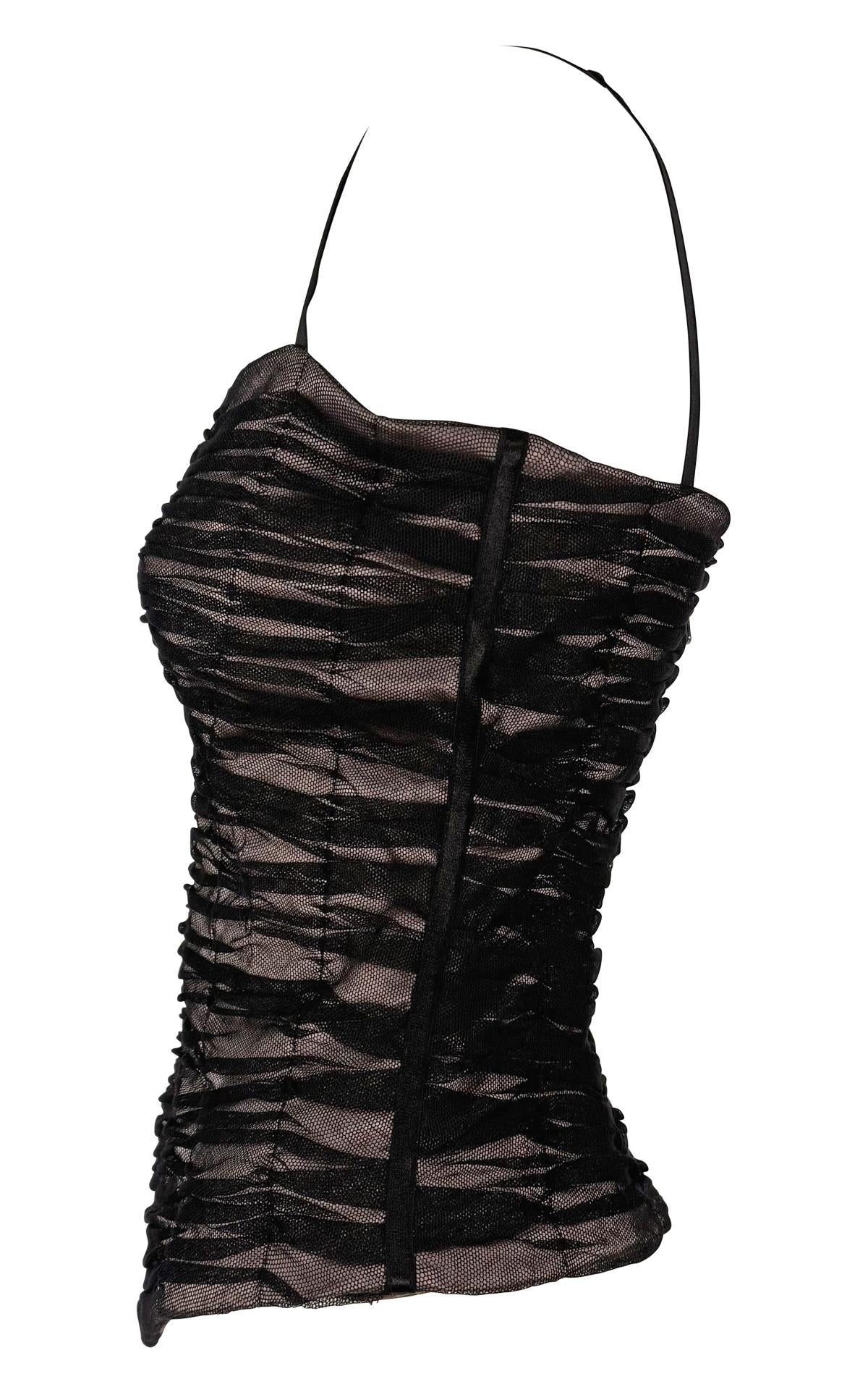 2000s Dolce & Gabbana Pale Pink Satin Ruched Black Mesh Corset Boned Bustier Top - RealList