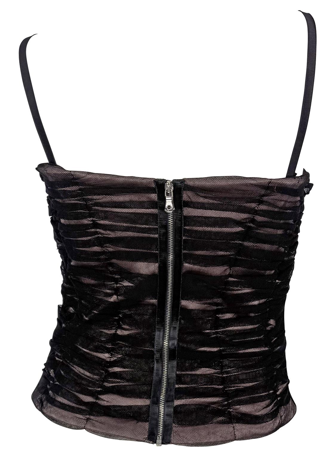 2000s Dolce & Gabbana Pale Pink Satin Ruched Black Mesh Corset Boned Bustier Top - RealList