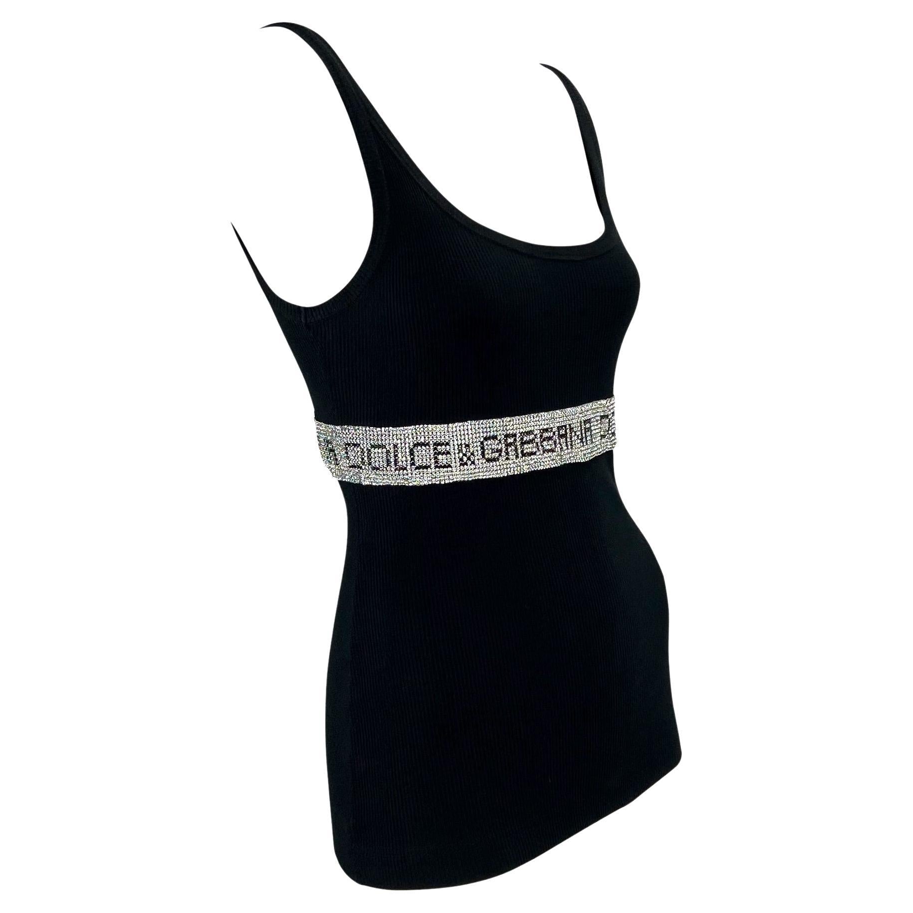 2000s Dolce & Gabbana Rhinestone Logo Black Ribbed Stretch Tank Top - RealList