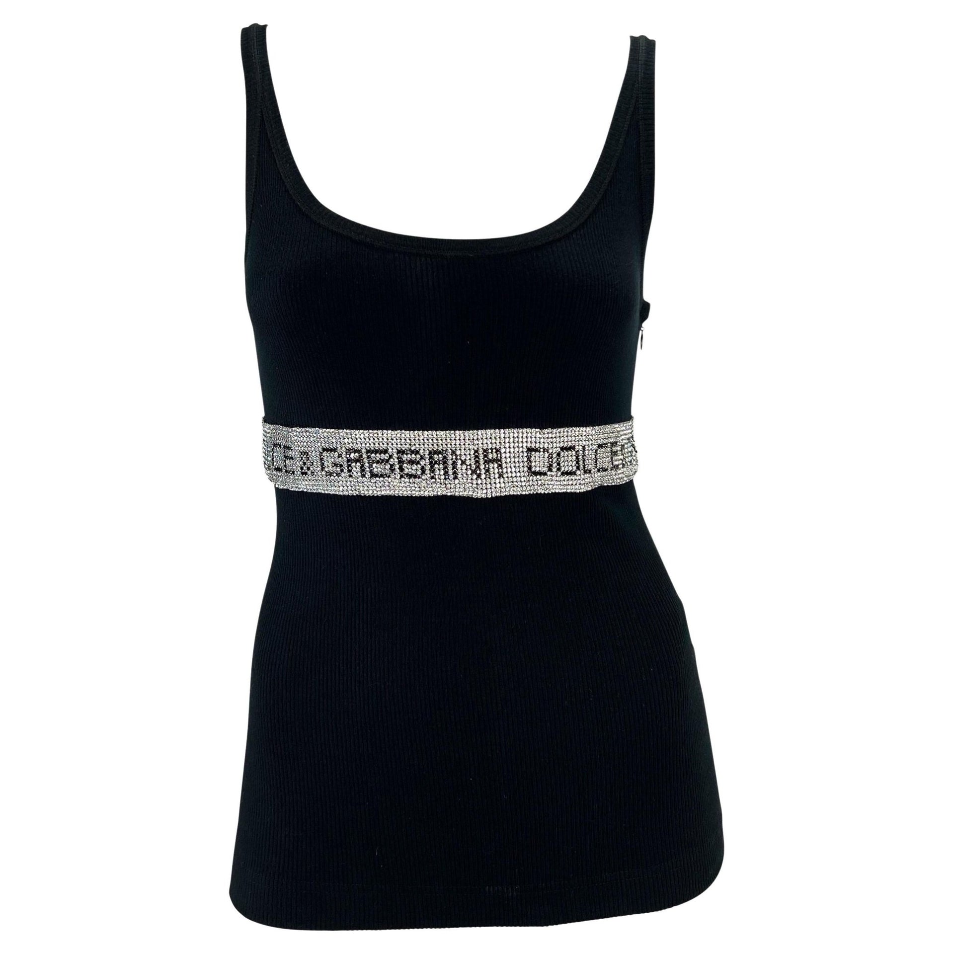 2000s Dolce & Gabbana Rhinestone Logo Black Ribbed Stretch Tank Top - RealList