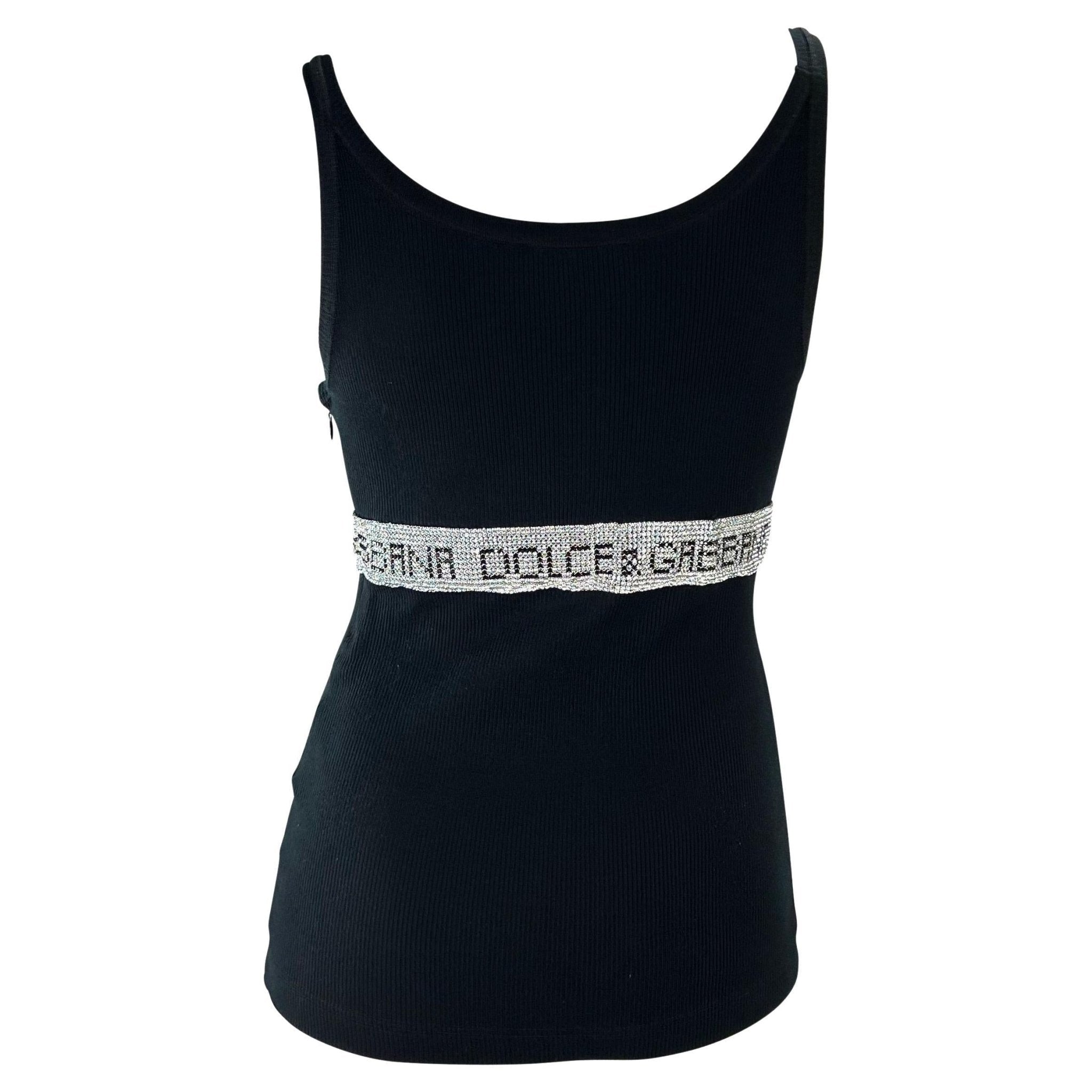 2000s Dolce & Gabbana Rhinestone Logo Black Ribbed Stretch Tank Top - RealList