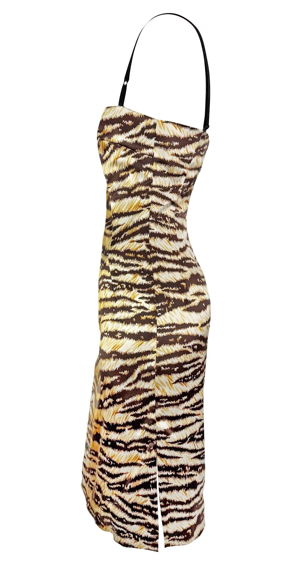 2000s Dolce & Gabbana Tiger Print Satin Bodycon Bra Strap Midi Dress - RealList