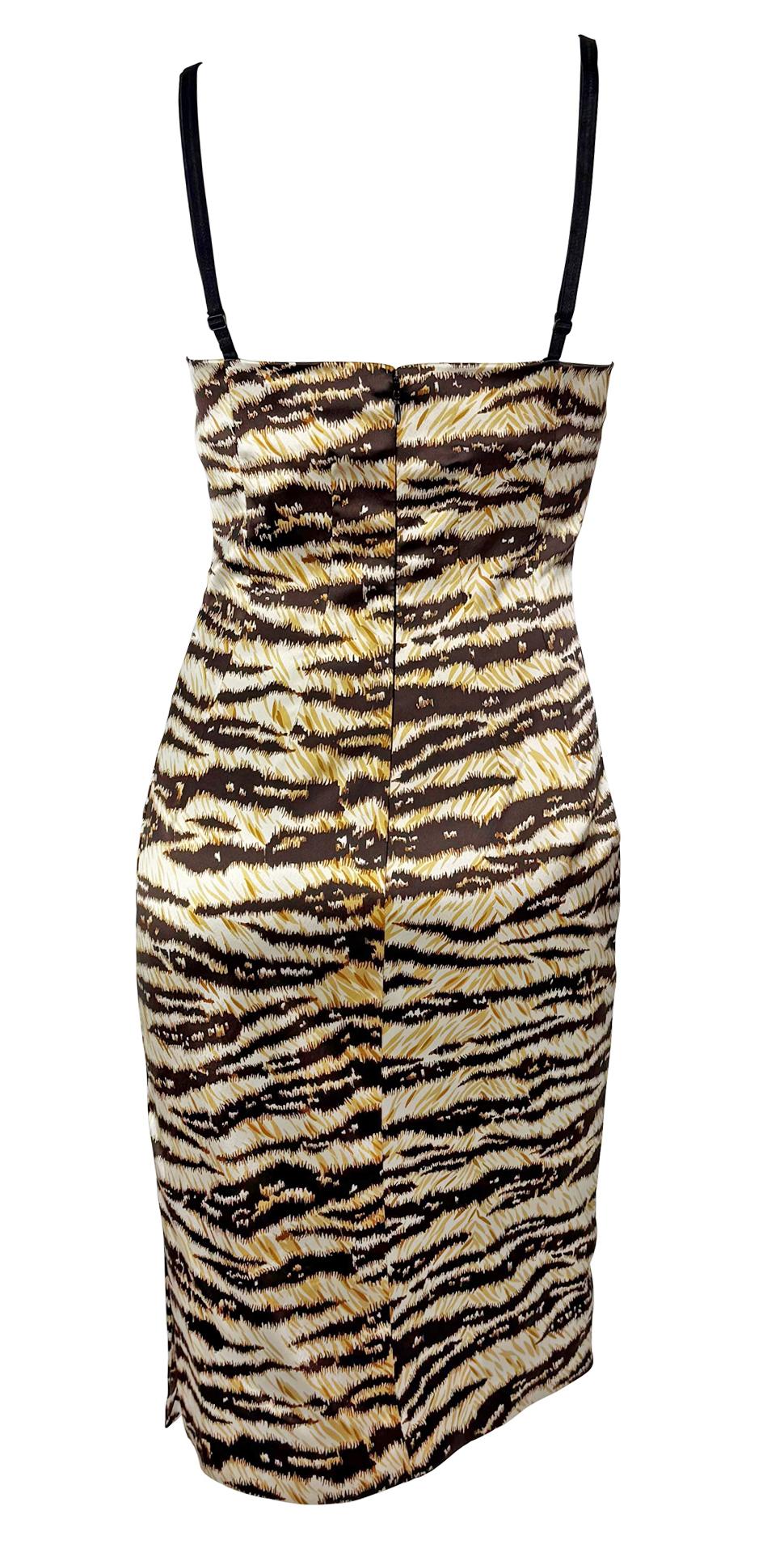 2000s Dolce & Gabbana Tiger Print Satin Bodycon Bra Strap Midi Dress - RealList