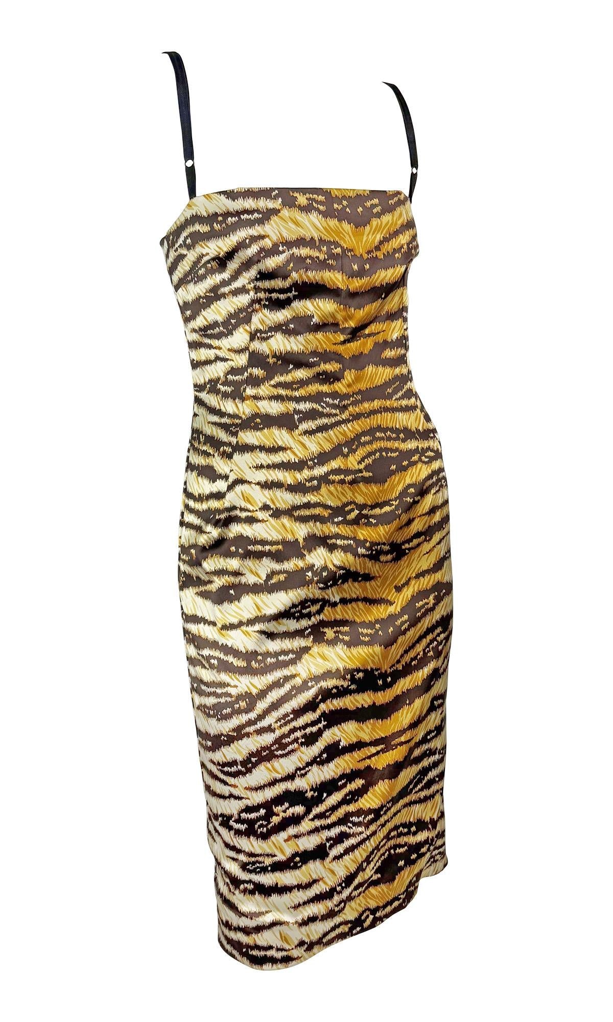 2000s Dolce & Gabbana Tiger Print Satin Bodycon Bra Strap Midi Dress - RealList