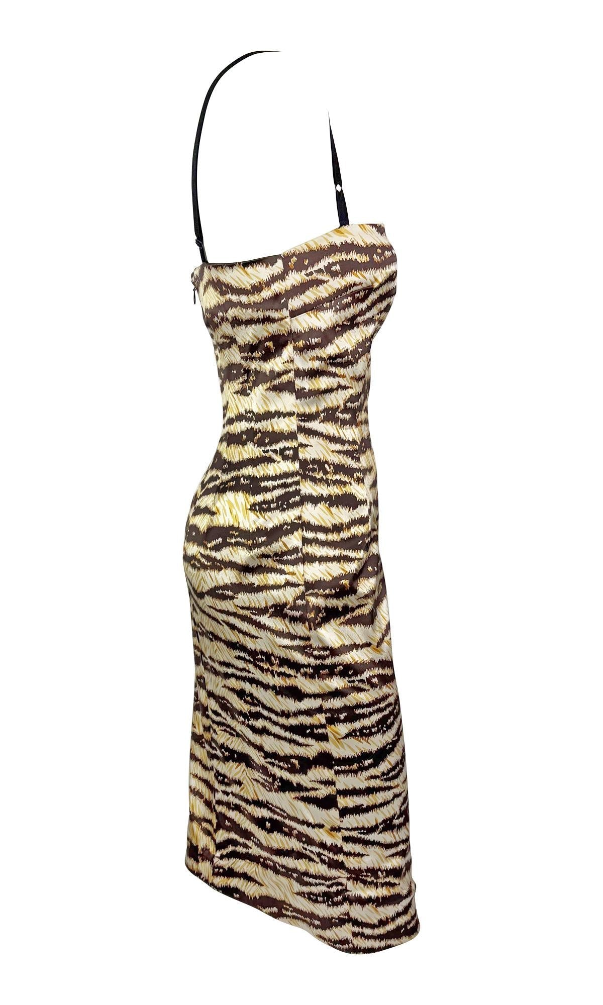 2000s Dolce & Gabbana Tiger Print Satin Bodycon Bra Strap Midi Dress - RealList