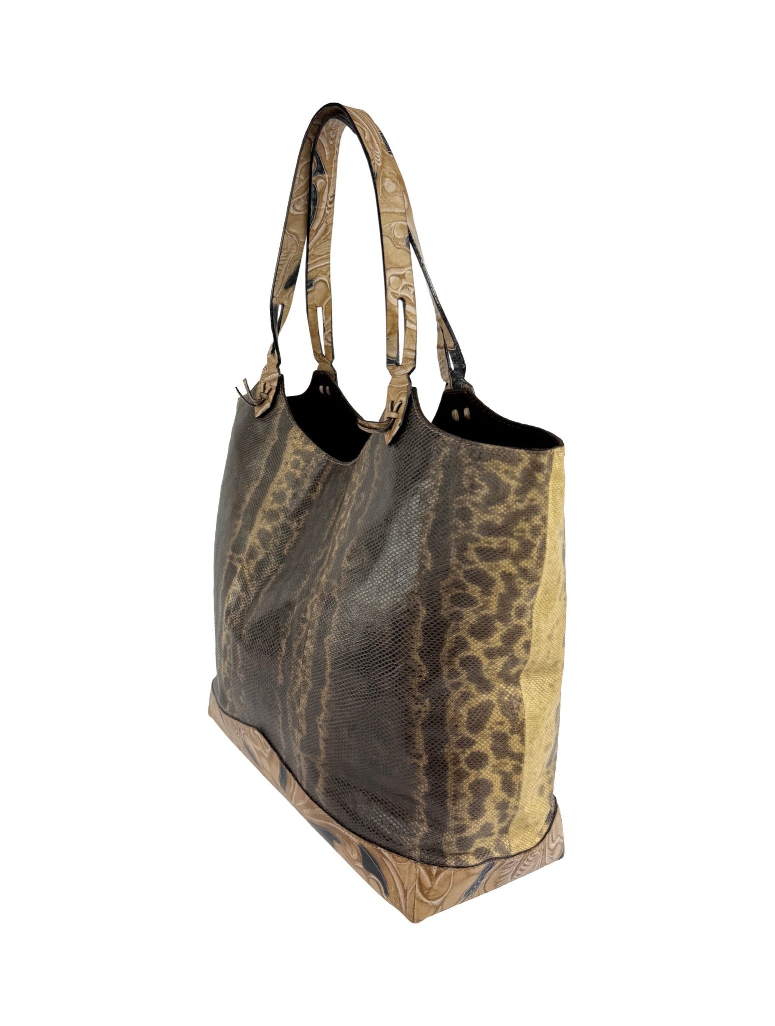 2000s Emanuel Ungaro Genuine Snakeskin Tan Carved Floral Leather Shoulder Bag - RealList