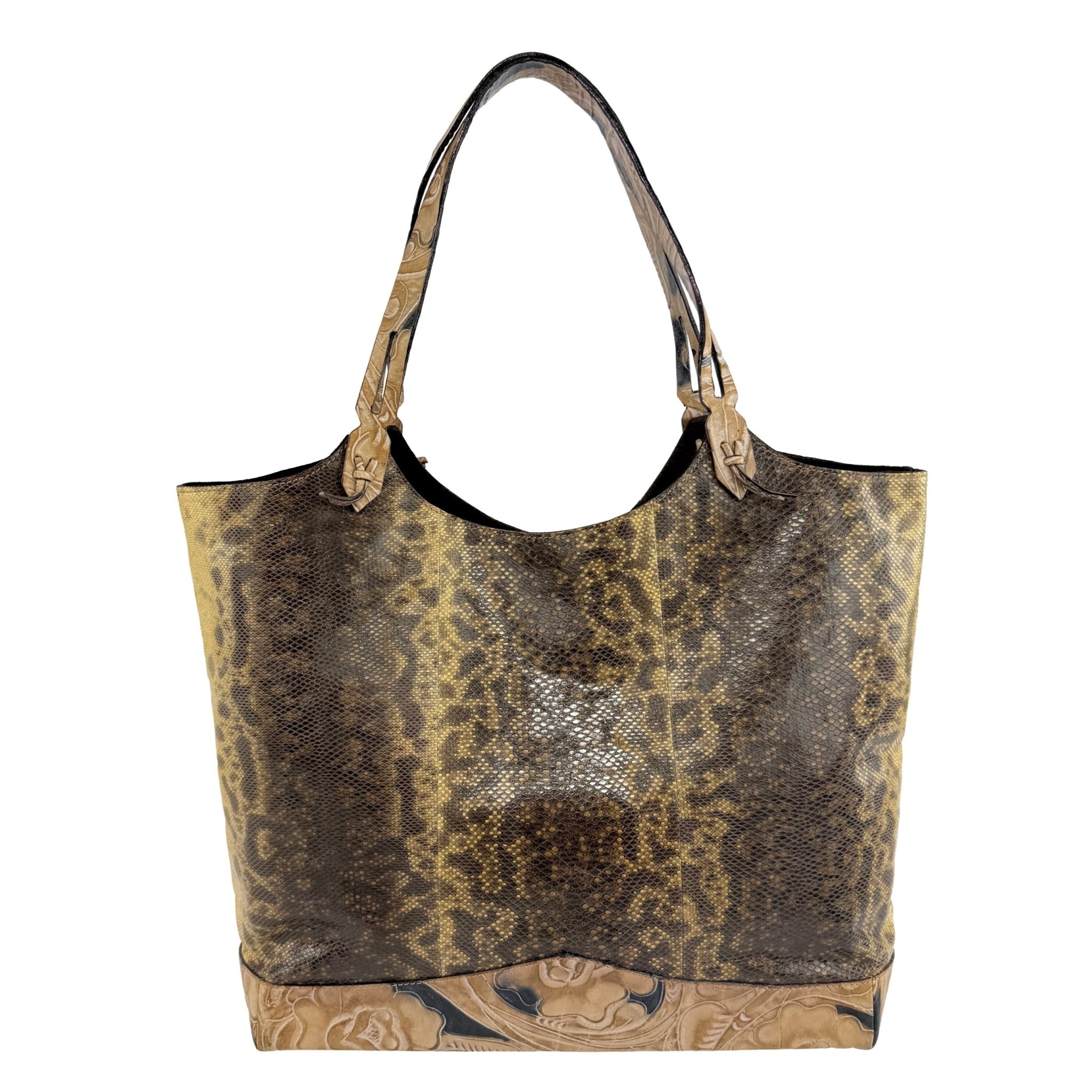 2000s Emanuel Ungaro Genuine Snakeskin Tan Carved Floral Leather Shoulder Bag - RealList