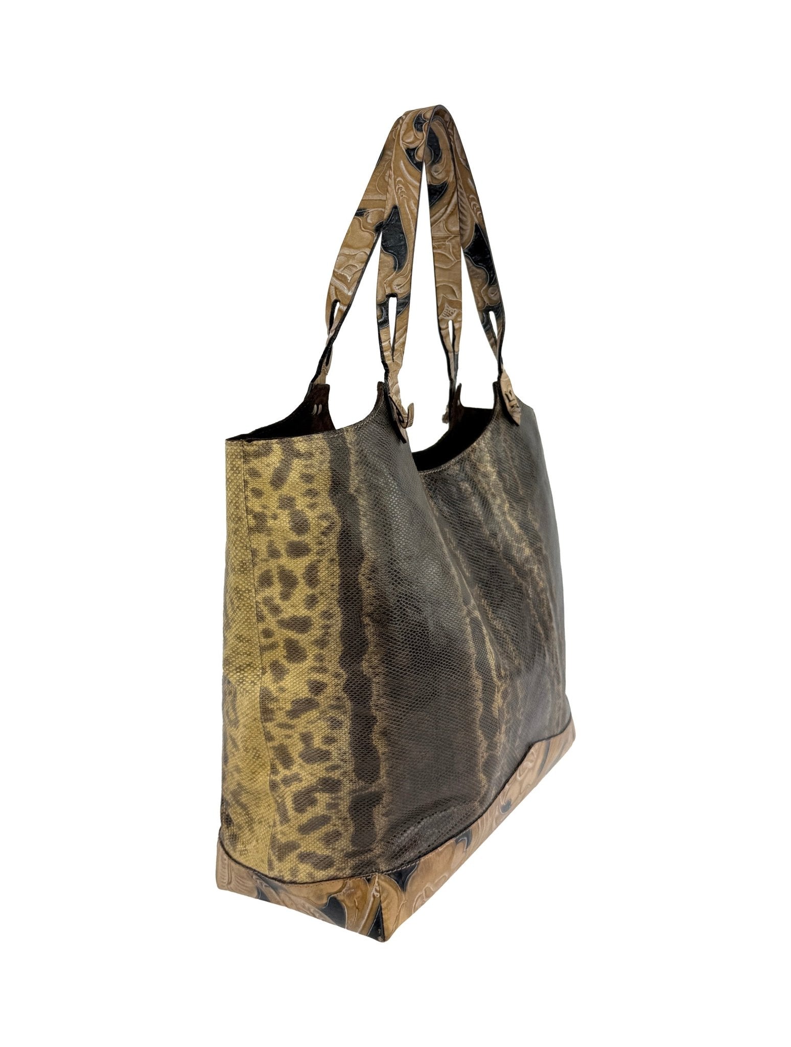 2000s Emanuel Ungaro Genuine Snakeskin Tan Carved Floral Leather Shoulder Bag - RealList