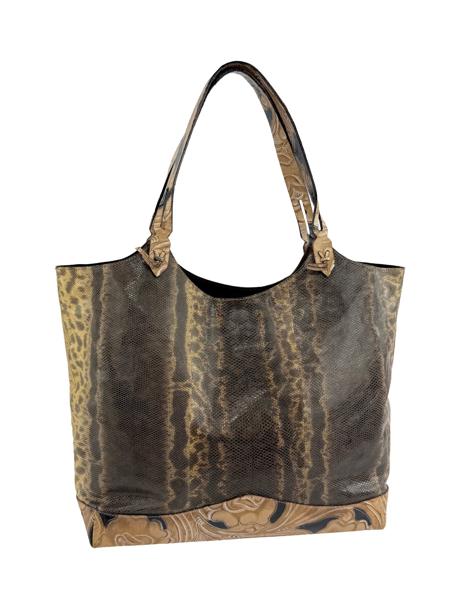 2000s Emanuel Ungaro Genuine Snakeskin Tan Carved Floral Leather Shoulder Bag - RealList