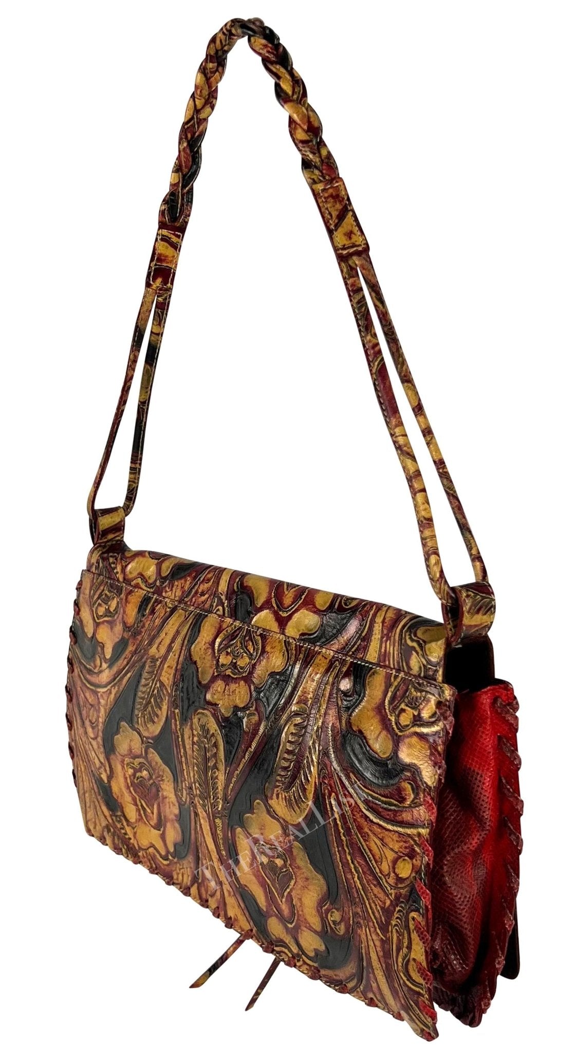 2000s Emanuel Ungaro Red Lizard Tan Tooled Floral Leather Shoulder Bag - RealList